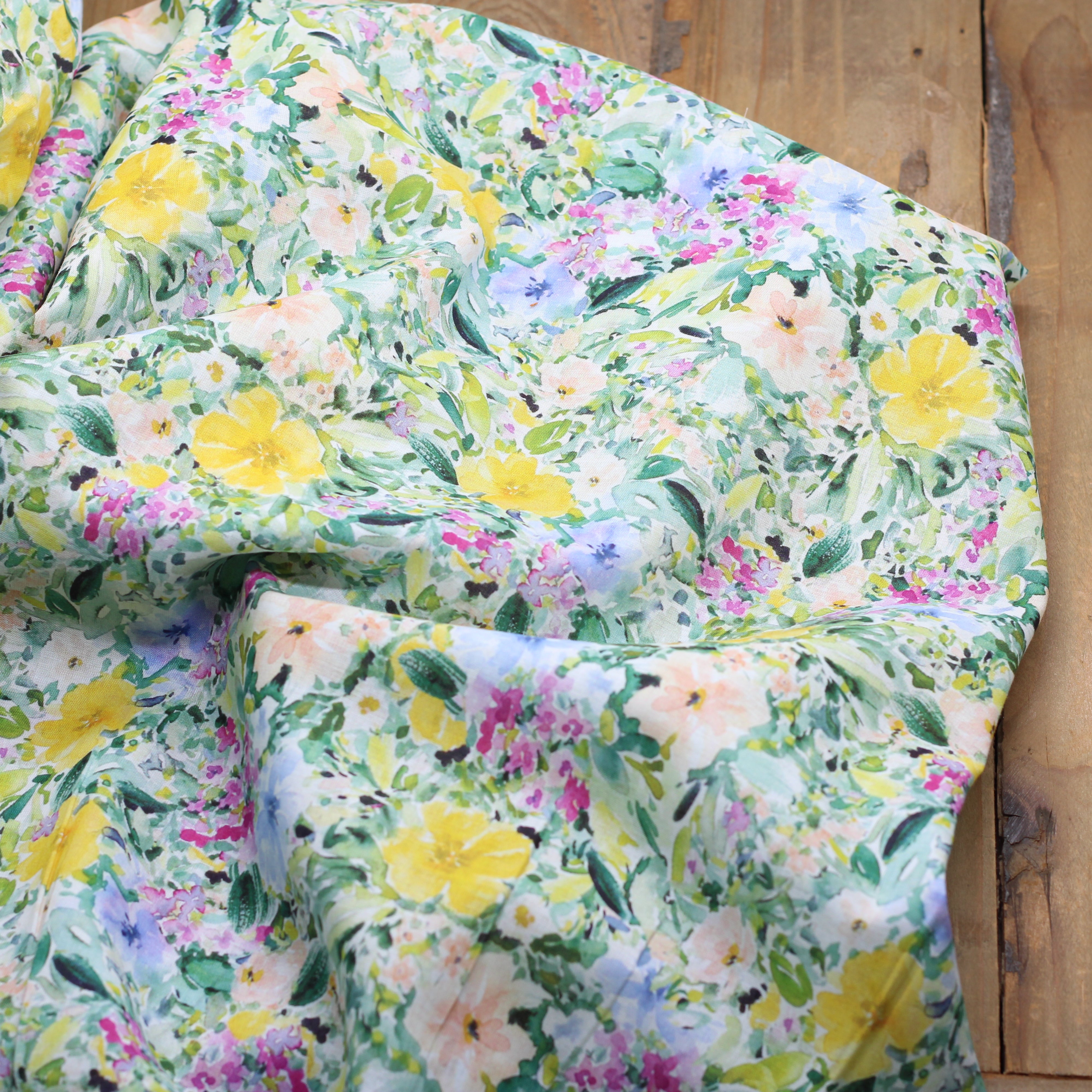 Tissu Voile de coton fleuri - SPRING FLOWER - Jaune/vert (Vendu x10cm)