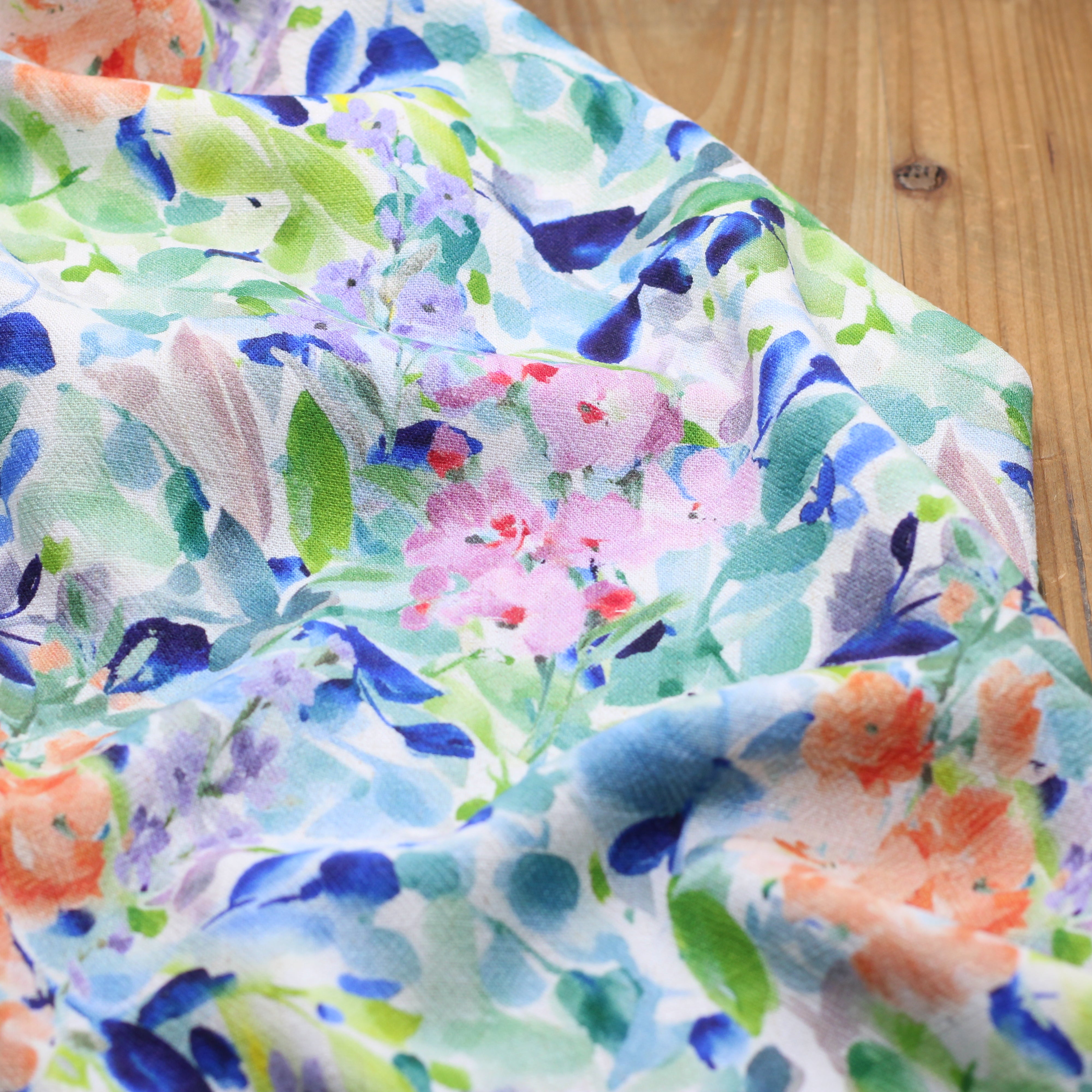 Tissu Crêpe Lin Viscose Fleuri - Bleu (Vendu x10cm)