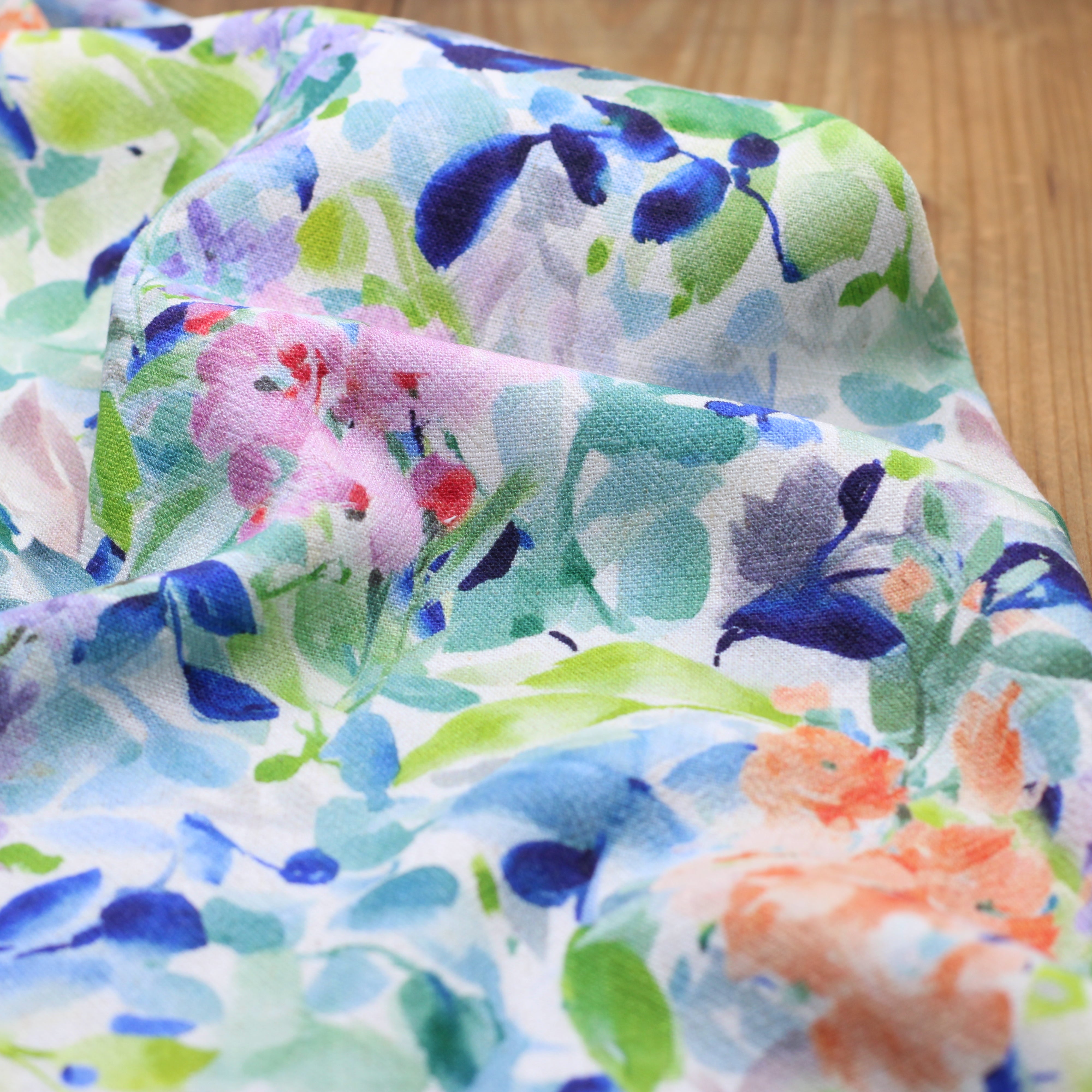 Tissu Crêpe Lin Viscose Fleuri - Bleu (Vendu x10cm)
