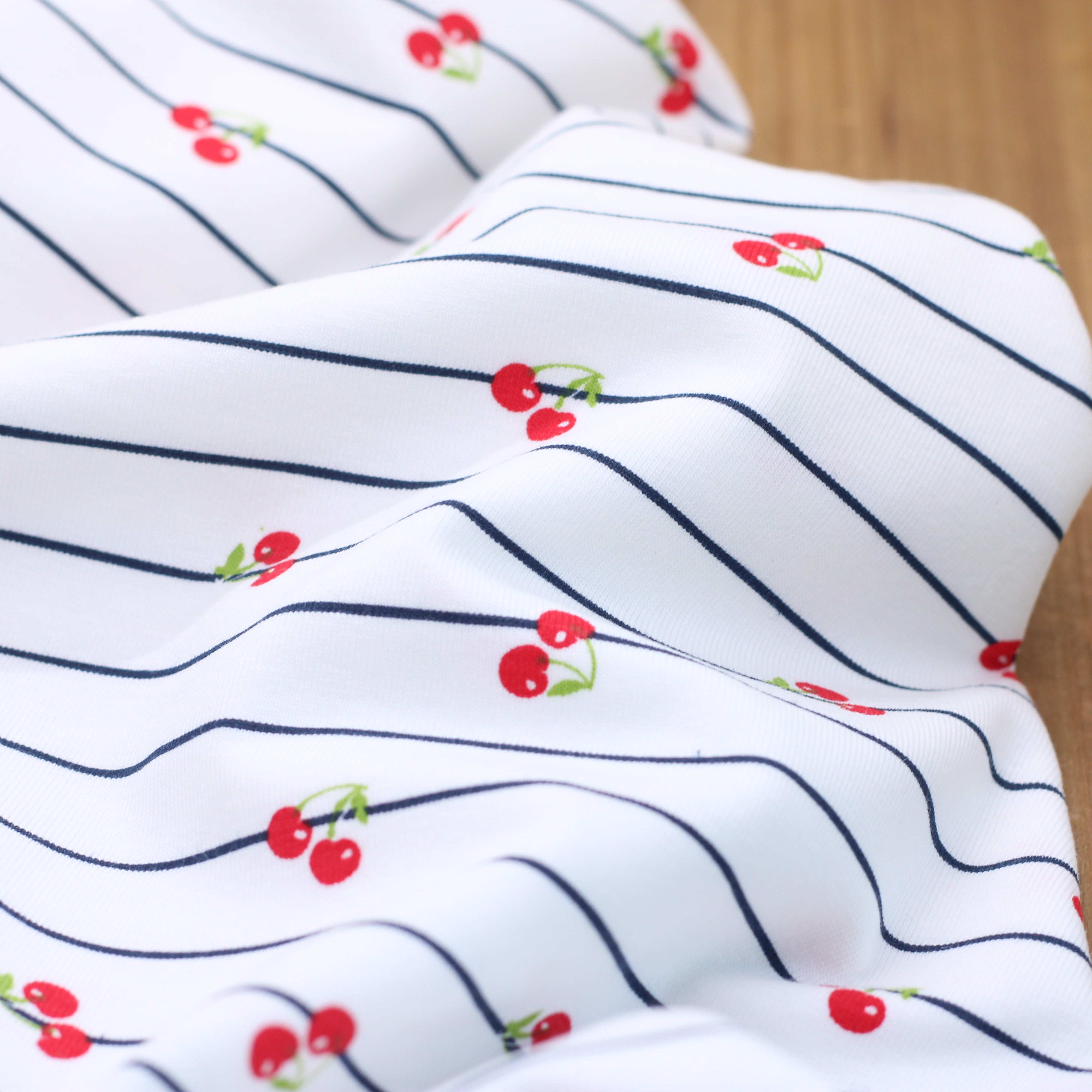 Jersey de coton - Rayé Cerises - Blanc (Vendu x10cm)