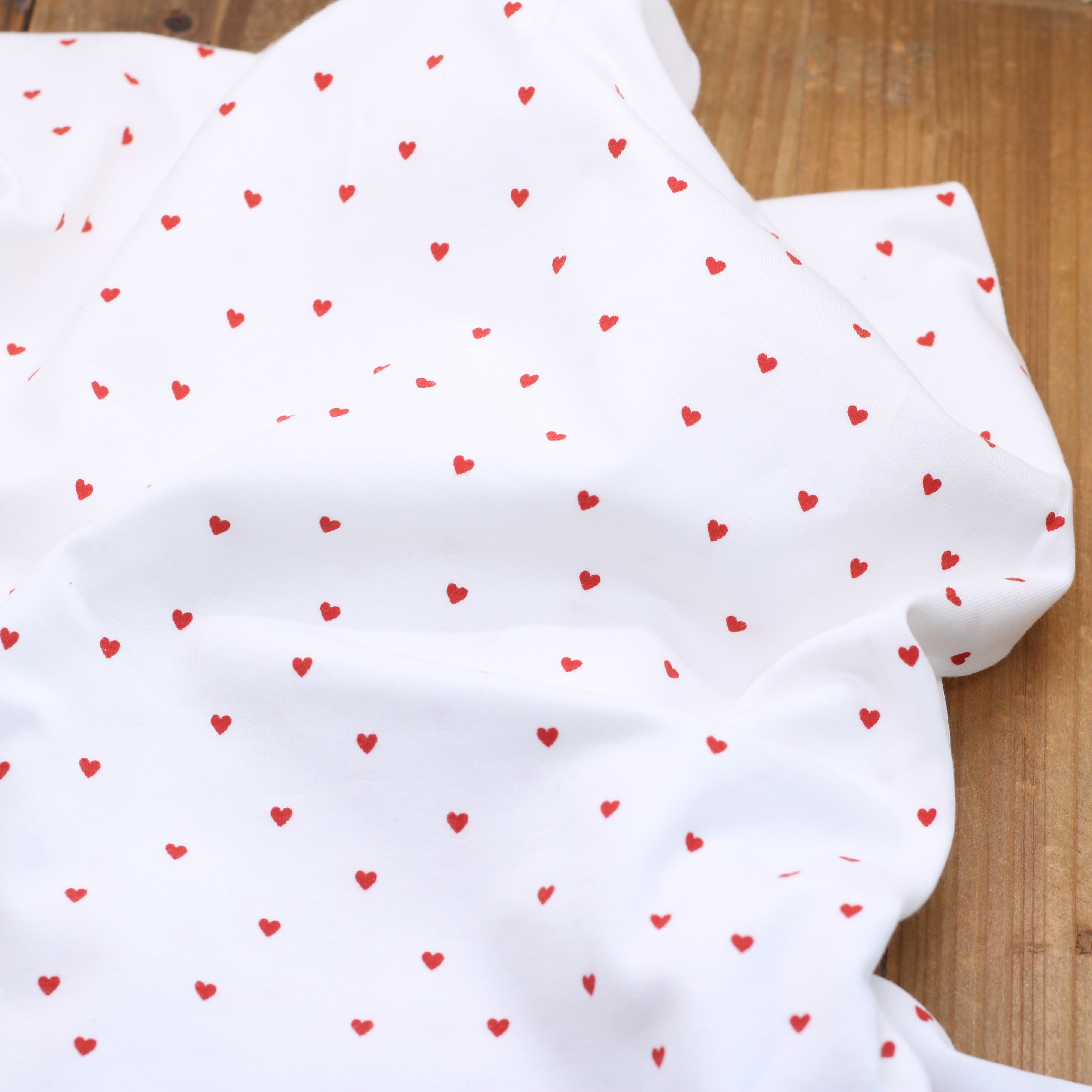 Tissu Jersey de coton - MINI COEURS - Rouge/Blanc (vendu x10cm)