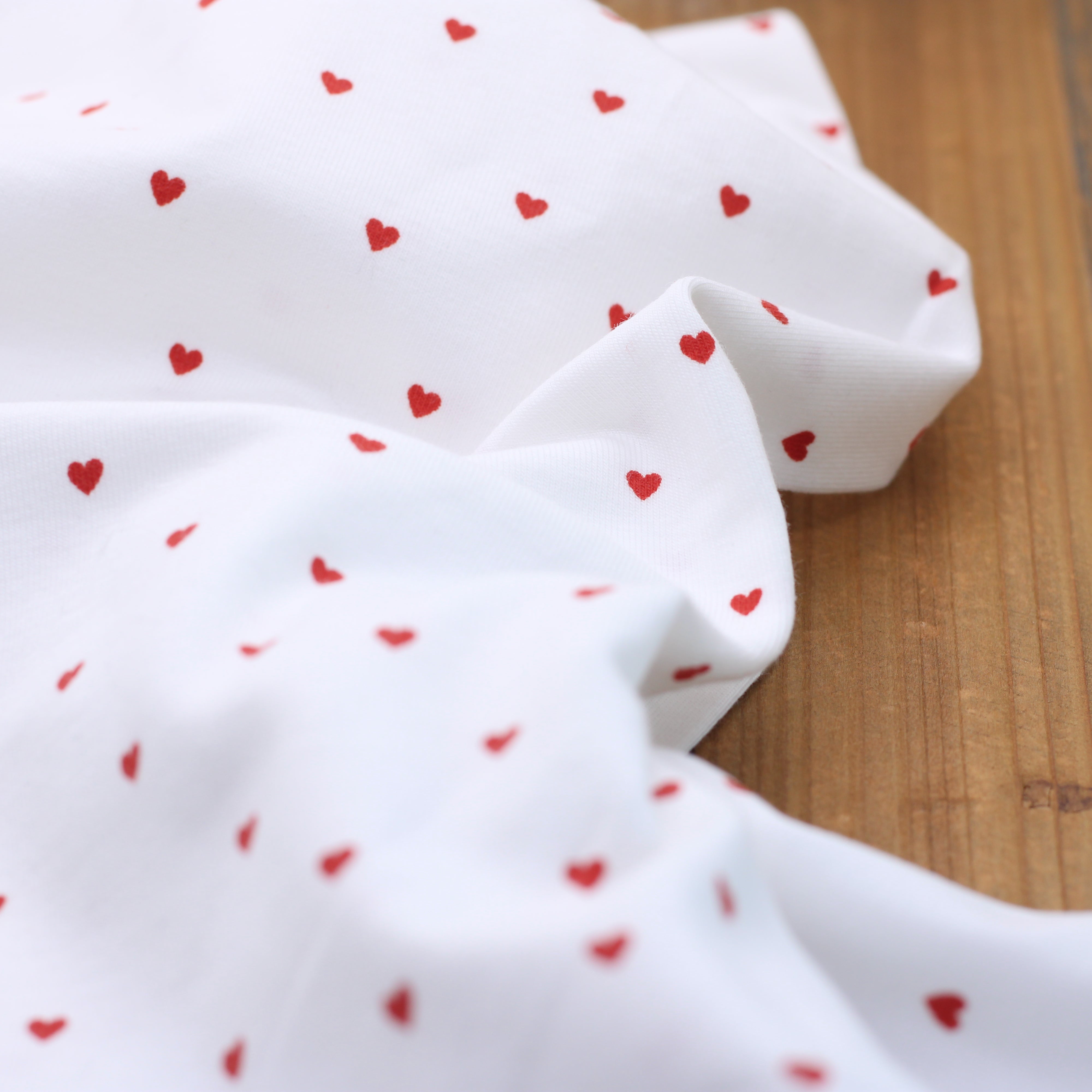 Tissu Jersey de coton - MINI COEURS - Rouge/Blanc (vendu x10cm)