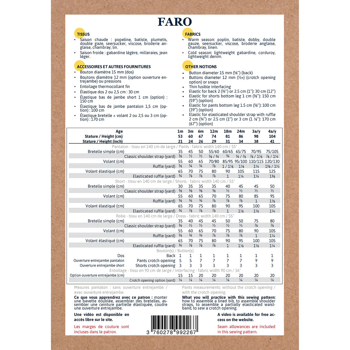 Combi/Barboteuse/Robe FARO - patron de couture pochette - IKATEE Patron de couture Ikatee | Gaspard et Léonie Tissus en ligne et Mercerie à Toulouse