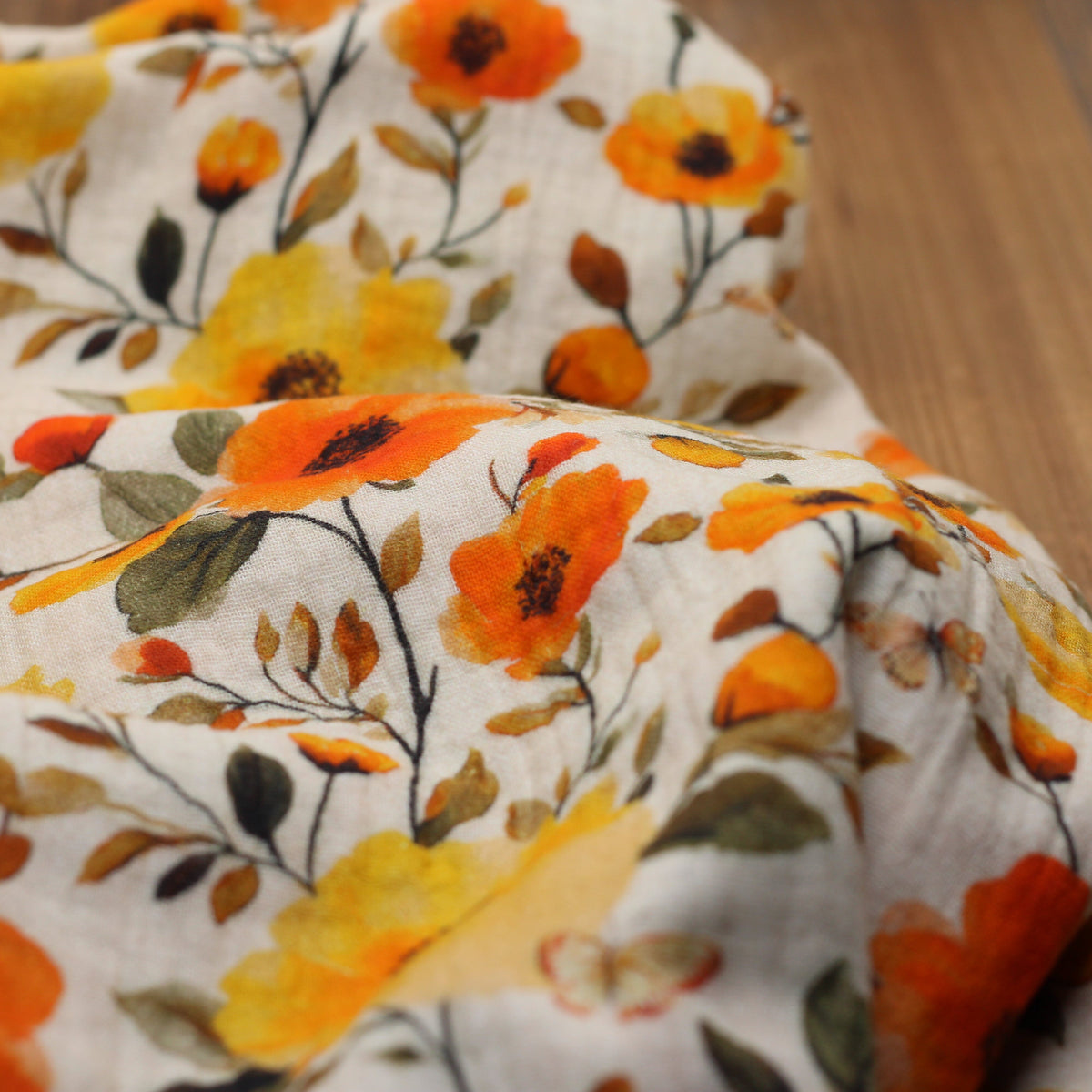 Tissu double Gaze de coton fleuri - EZIA - Jaune/Orange (Vendu x10cm) Tissus DOMOTEX | Gaspard et Léonie Tissus en ligne et Mercerie à Toulouse
