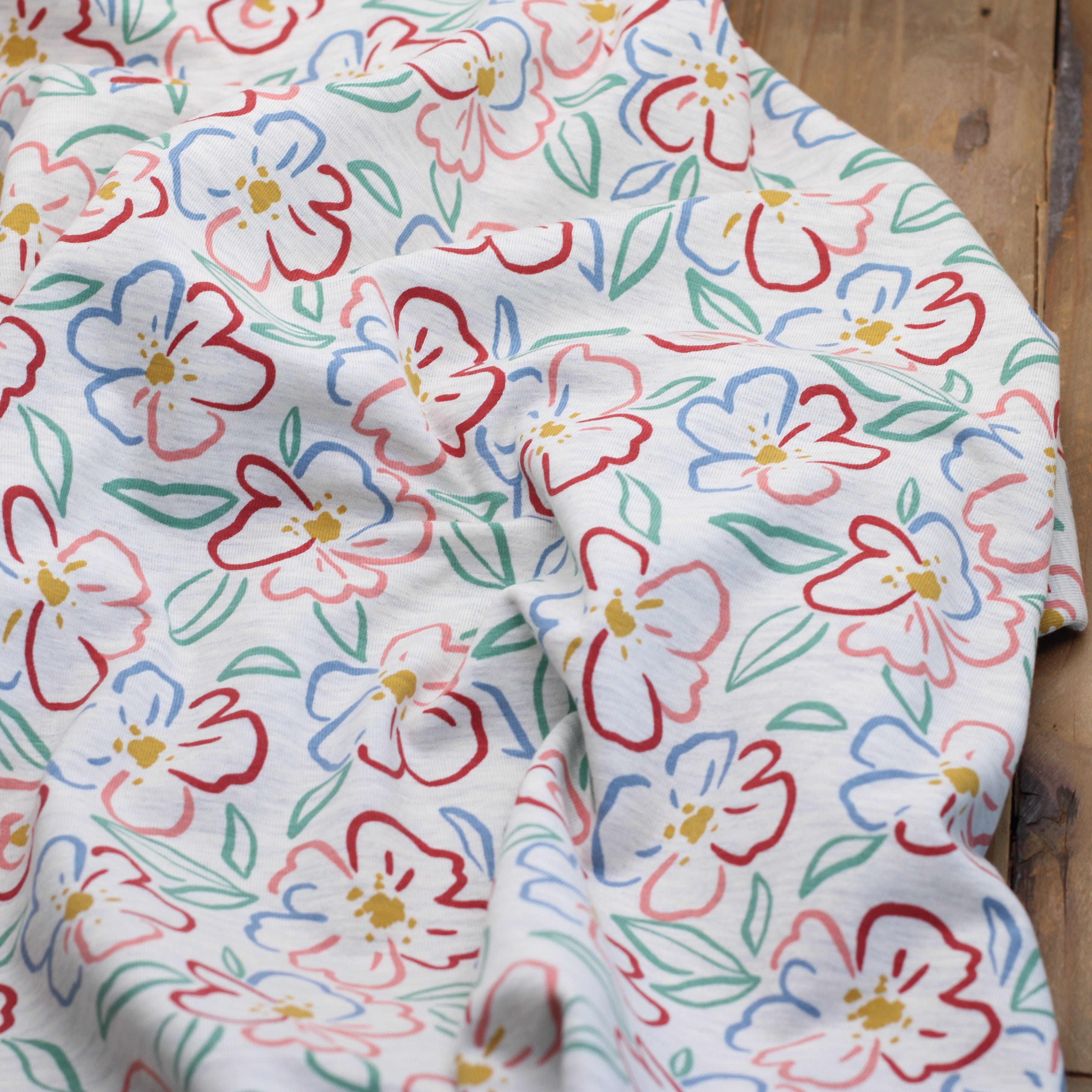 Tissu Jersey de coton - FLOWERS - Gris chiné Poppy Designed for You (Vendu x10cm) Tissus POPPY Designed For You | Gaspard et Léonie Tissus en ligne et Mercerie à Toulouse