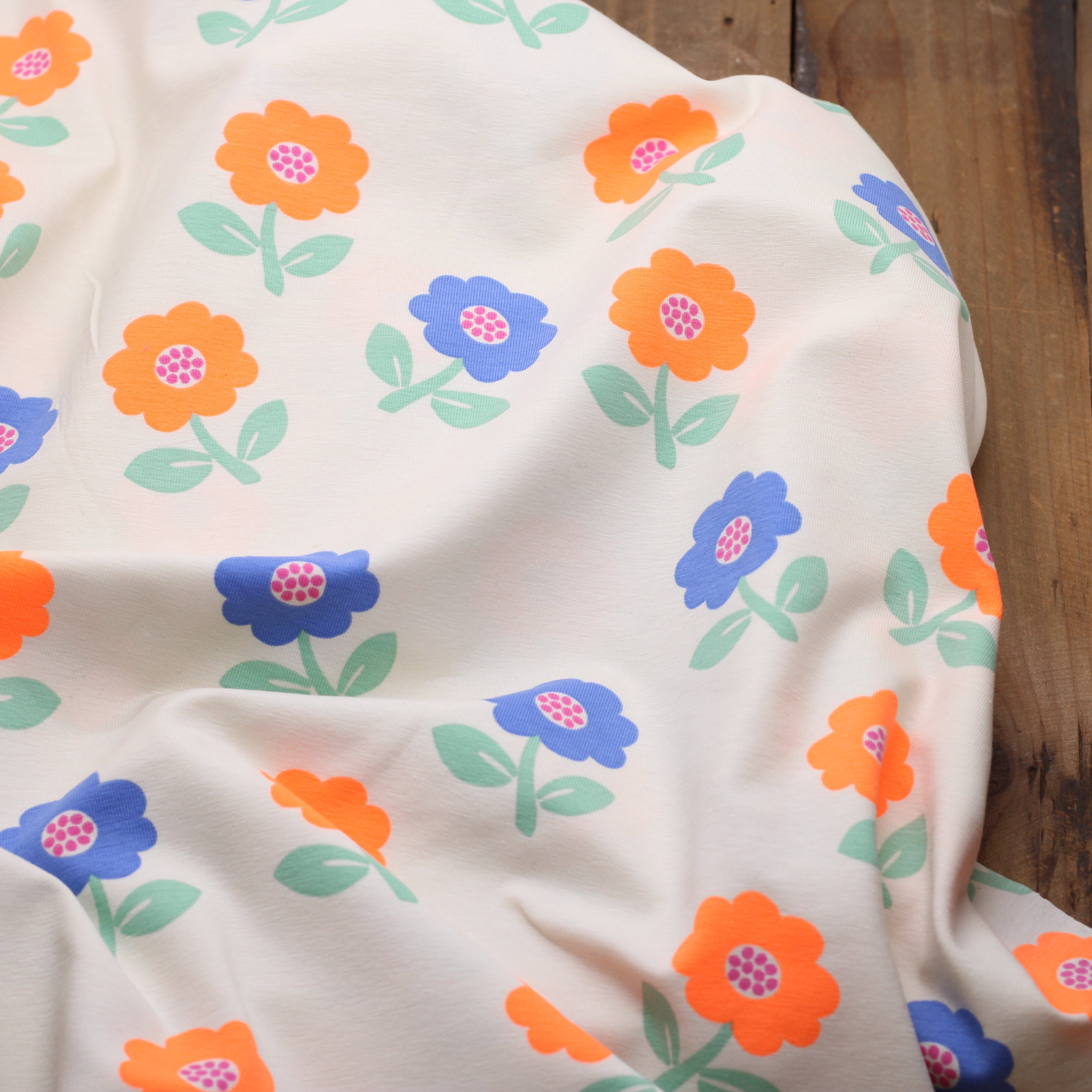 Tissu Jersey de coton - NEON FLOWERS - Blanc cassé - POPPY DESIGNED (Vendu x10cm) Tissus POPPY Designed For You | Gaspard et Léonie Tissus en ligne et Mercerie à Toulouse