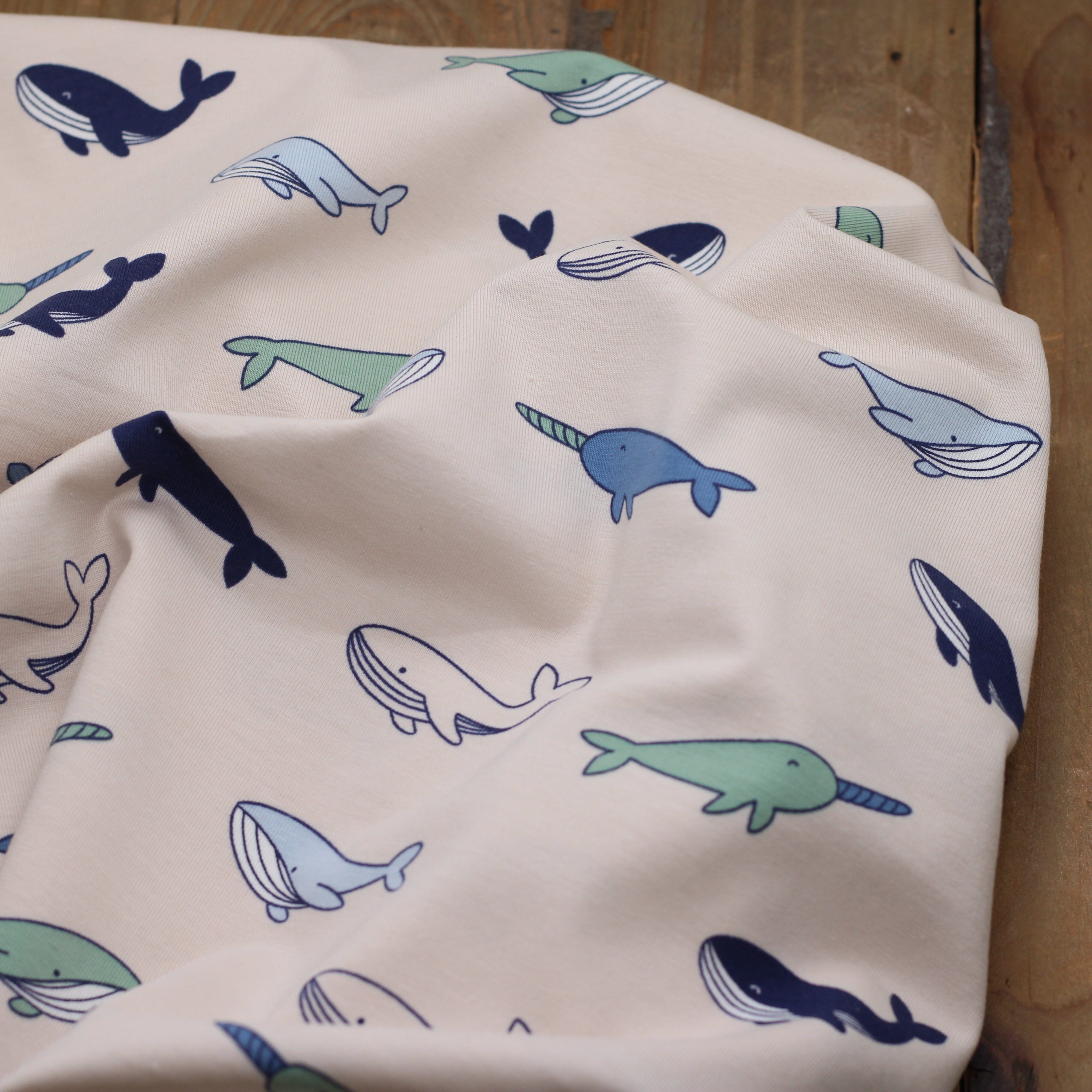 Tissu Jersey de coton - WHALES - Sable Poppy Designed for You (Vendu x10cm) Tissus POPPY Designed For You | Gaspard et Léonie Tissus en ligne et Mercerie à Toulouse