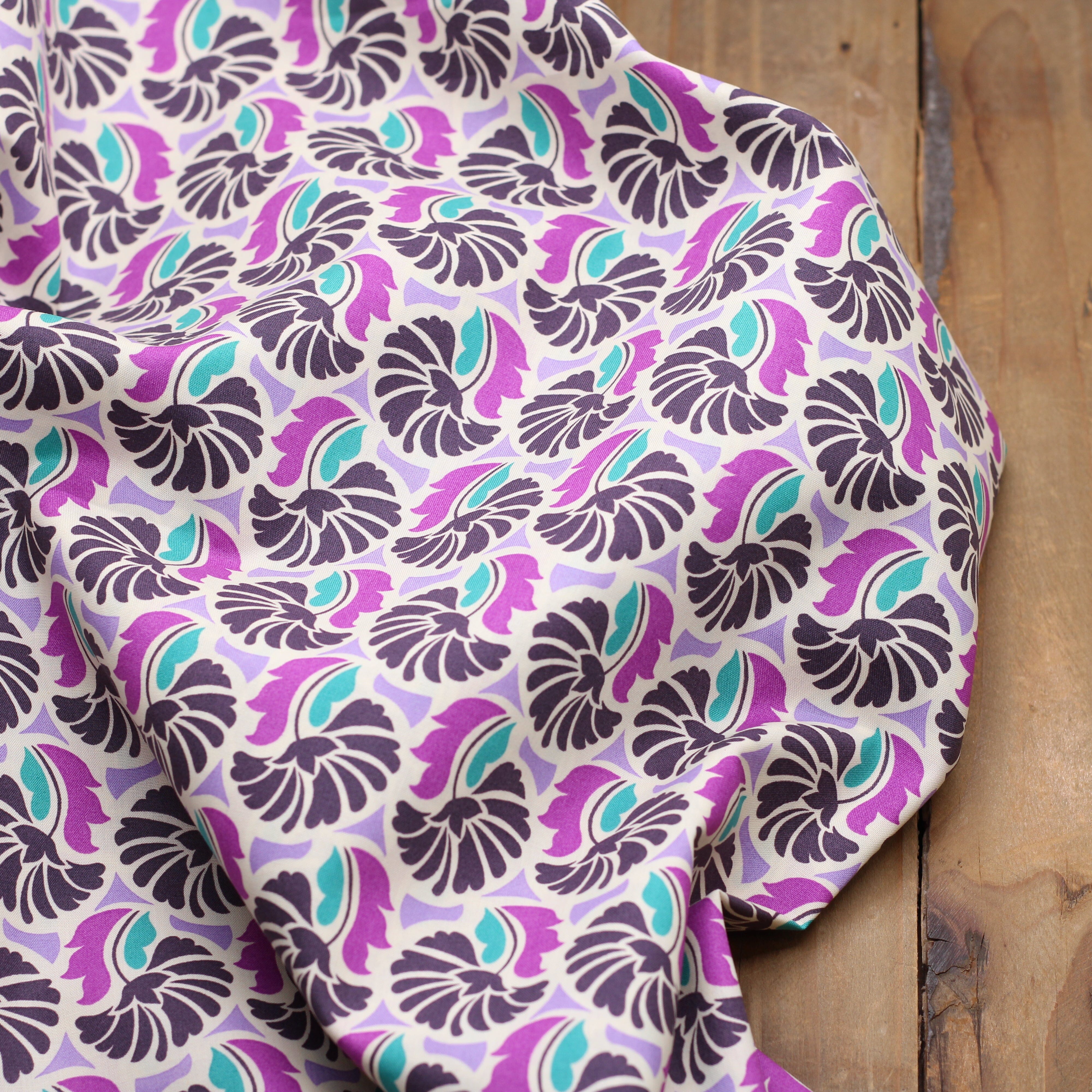 Tissu Popeline de coton - VINTAGE FLOWERS - Violet/Turquoise (Vendu x10cm) Tissus POPPY Design For You | Gaspard et Léonie Tissus en ligne et Mercerie à Toulouse
