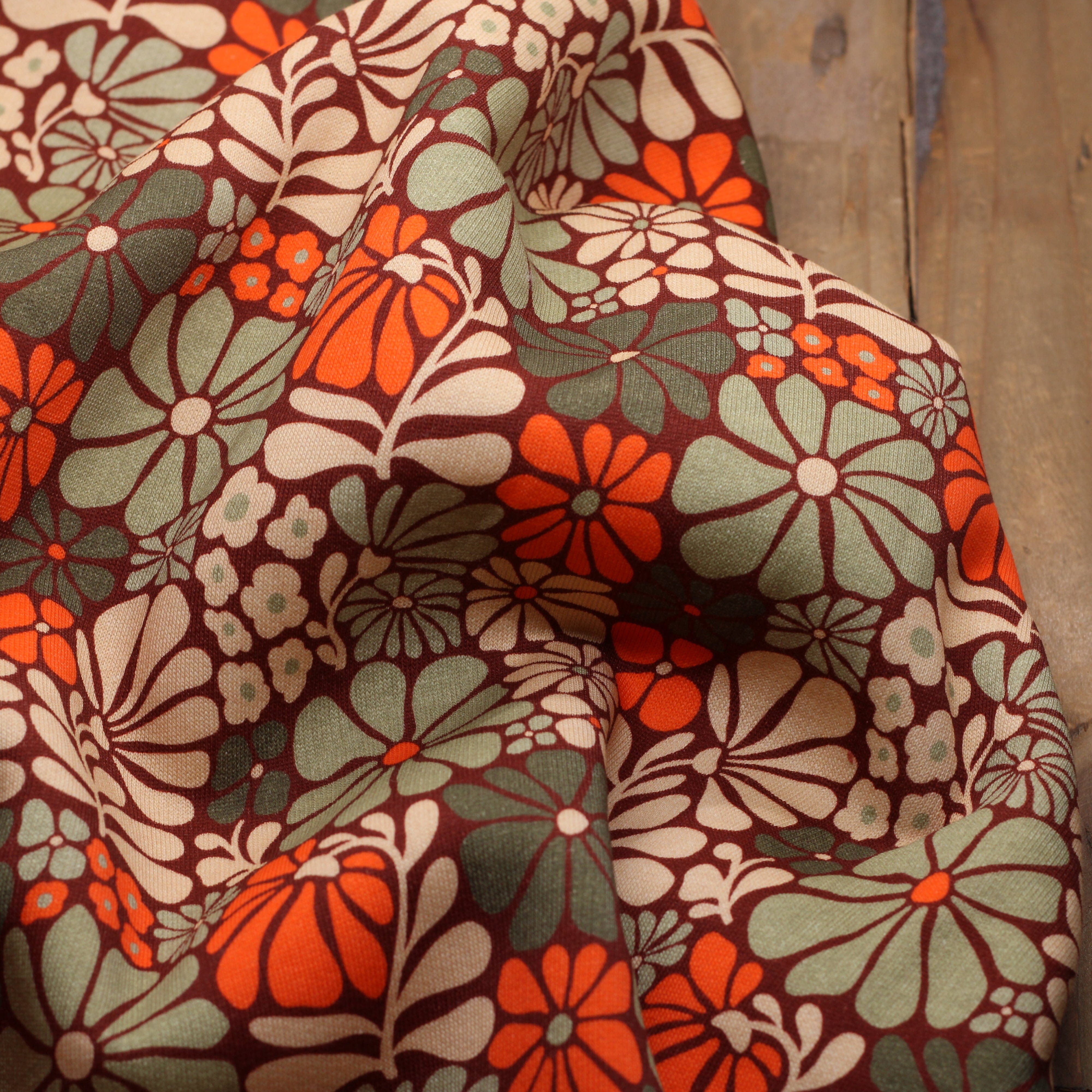 Tissu Sweat Jogging- VINTAGE FLOWERS - Orange/Vert - STENZO (Vendu x10cm) Tissus Stenzo | Gaspard et Léonie Tissus en ligne et Mercerie à Toulouse