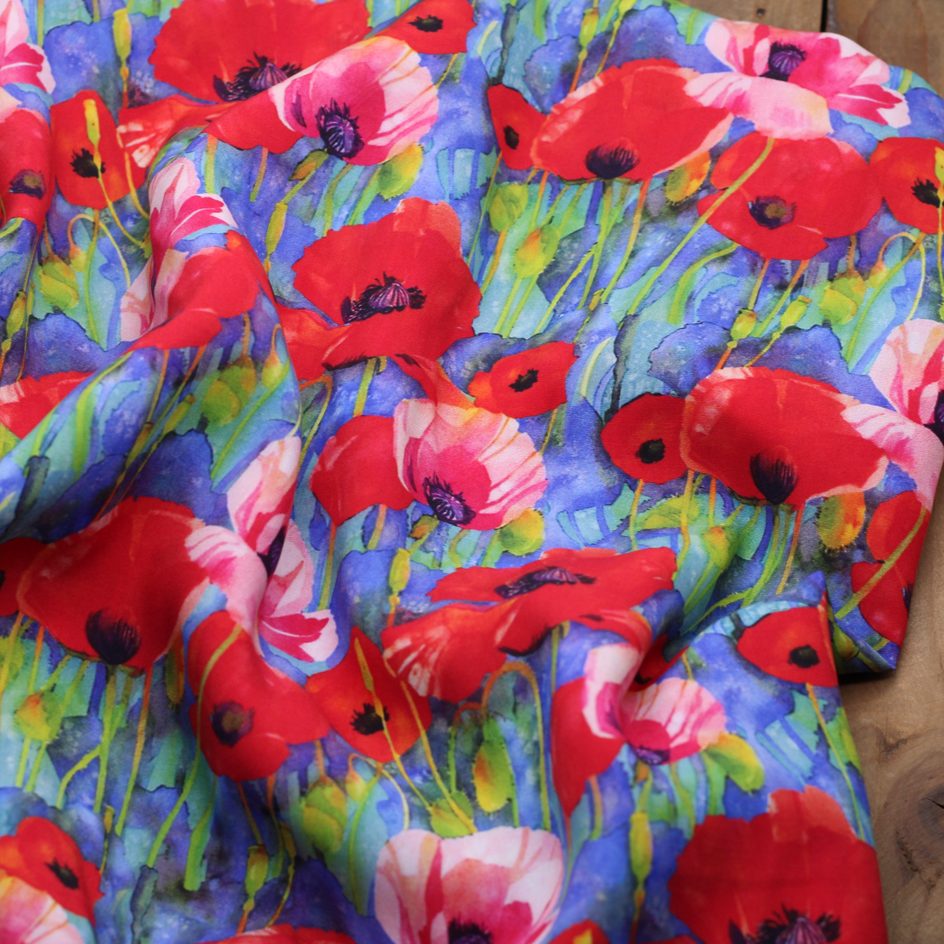 Tissu Viscose - COQUELICOT - Bleu/rouge (vendu x10cm) Tissus Sélection Gaspard & Léonie | Gaspard et Léonie Tissus en ligne et Mercerie à Toulouse