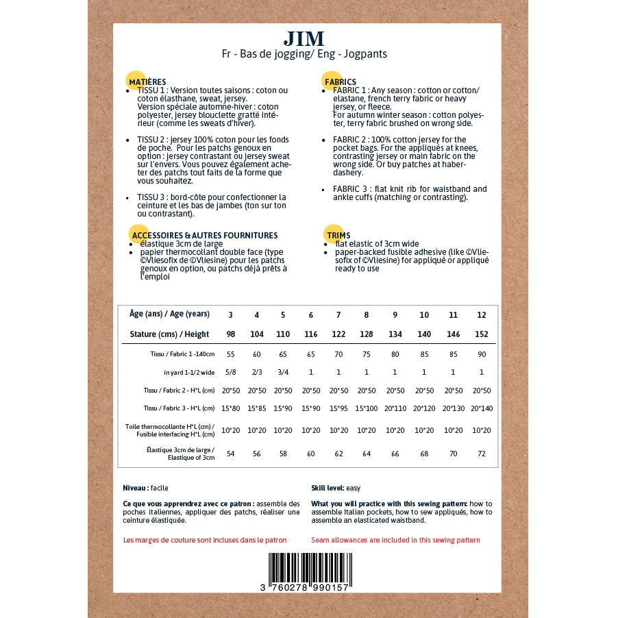 Bas de jogging JIM - patron de couture pochette - IKATEE Patron de couture Ikatee | Gaspard et Léonie Tissus en ligne et Mercerie à Toulouse