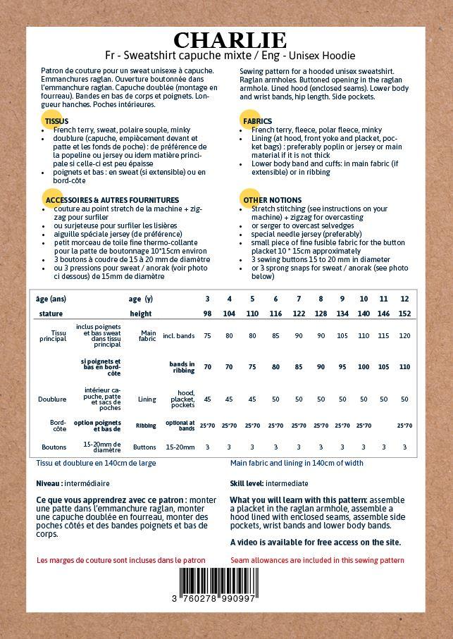 CHARLIE Enfant Mixte Sweat Capuche patron de couture pochette - L'atelier de Gaspard et Léonie