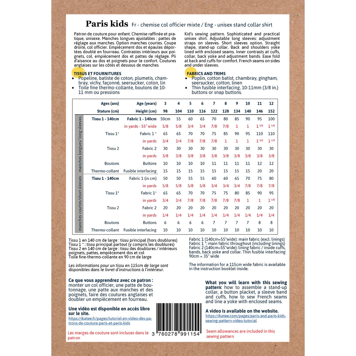 Chemise PARIS KIDS - patron de couture pochette - IKATEE Patron de couture Ikatee | Gaspard et Léonie Tissus en ligne et Mercerie à Toulouse