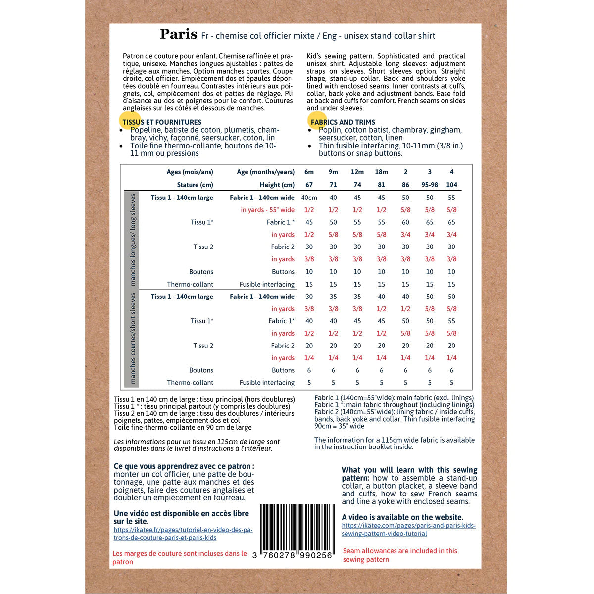 Chemise PARIS - patron de couture pochette - IKATEE Patron de couture Ikatee | Gaspard et Léonie Tissus en ligne et Mercerie à Toulouse