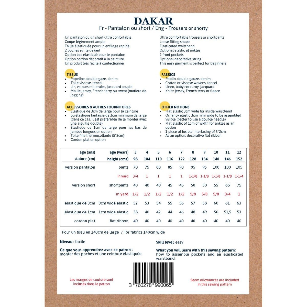 DAKAR Pantalon/Short patron de couture pochette Patron de couture Ikatee | Gaspard et Léonie Tissus Mercerie Toulouse