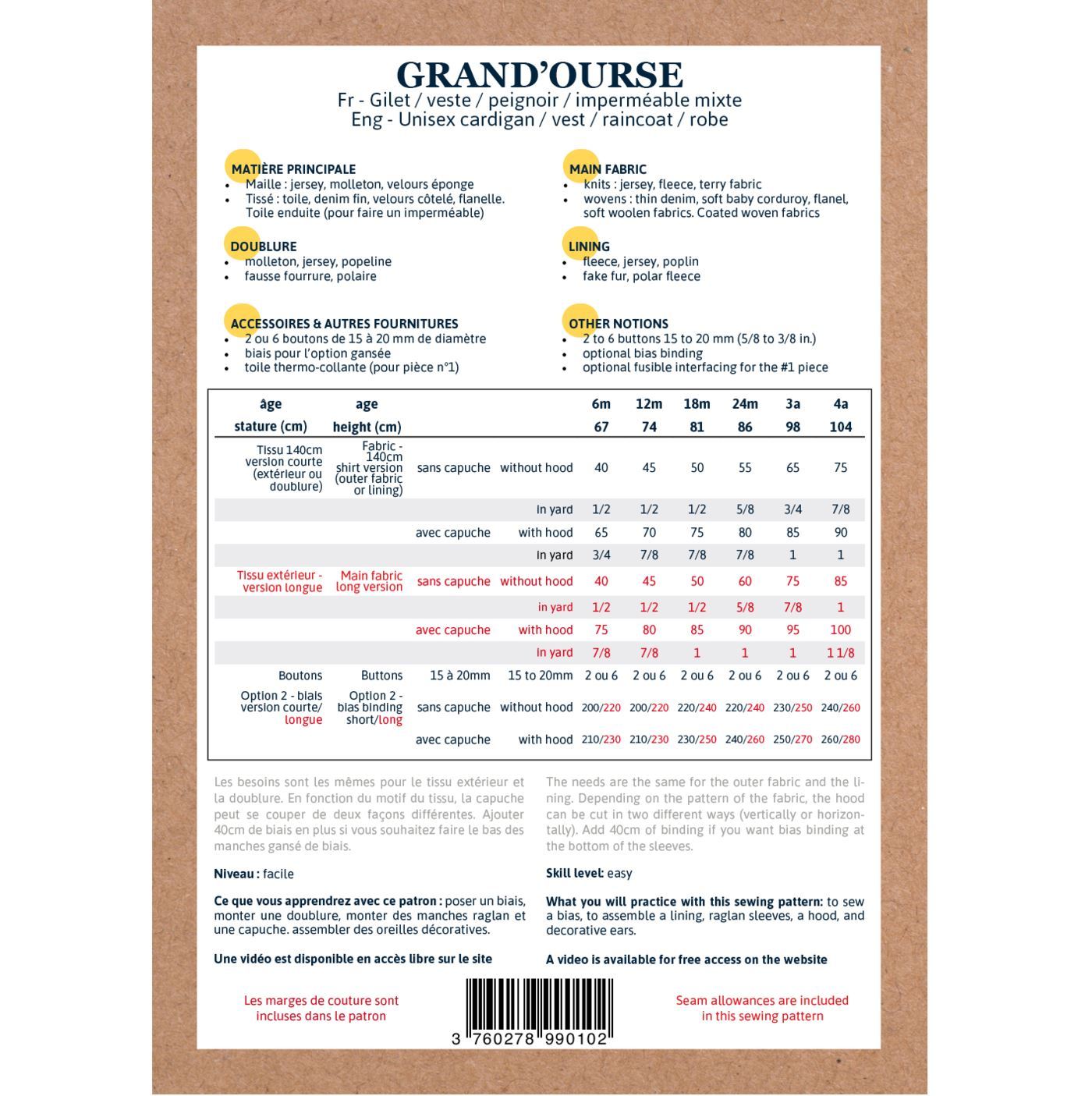 GRAND’OURSE Gilet Veste Peignoir Imperméable Mixte patron de couture pochette - L'atelier de Gaspard et Léonie