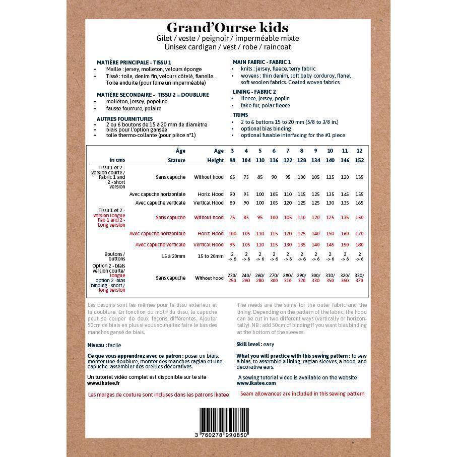 GRAND’OURSE KIDS Gilet Veste Peignoir Imperméable Mixte patron de couture pochette - L'atelier de Gaspard et Léonie