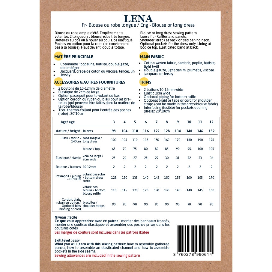 LENA Enfant Robe patron de couture pochette - IKATEE Patron de couture Ikatee | Gaspard et Léonie Tissus en ligne et Mercerie à Toulouse