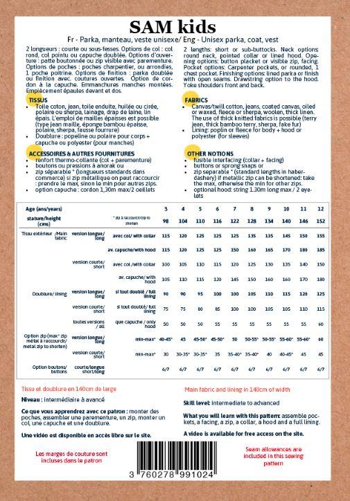 Patron SAM Kids Enfant Veste ou Parka Mixte - L'atelier de Gaspard et Léonie
