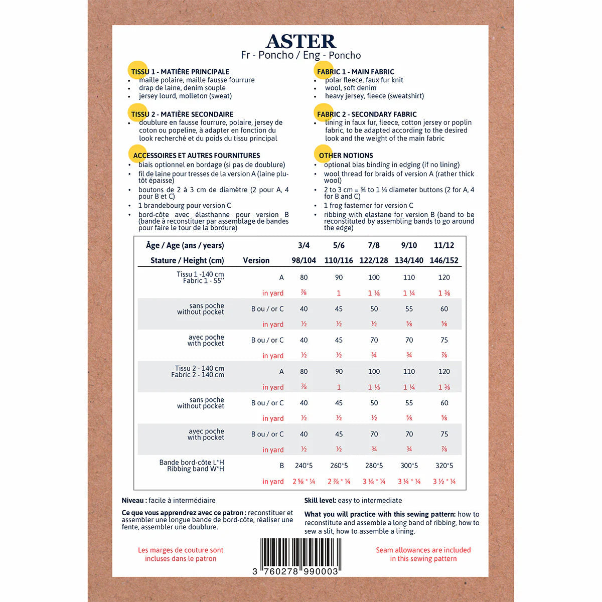 Poncho ASTER - patron de couture pochette - IKATEE Patron de couture Ikatee | Gaspard et Léonie Tissus en ligne et Mercerie à Toulouse