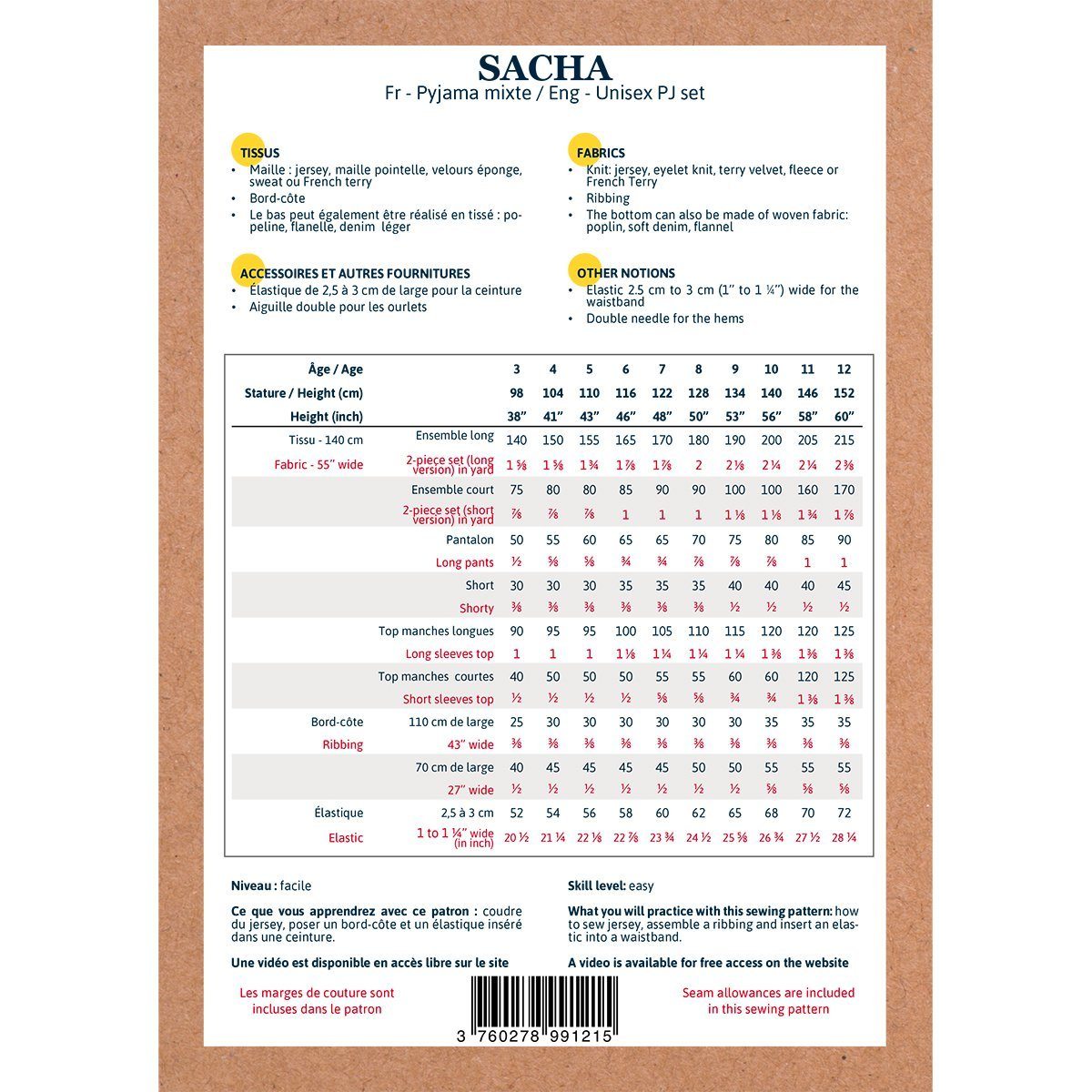 SACHA Pyjama Mixte patron de couture pochette Patron de couture Ikatee | Gaspard et Léonie Tissus Mercerie Toulouse