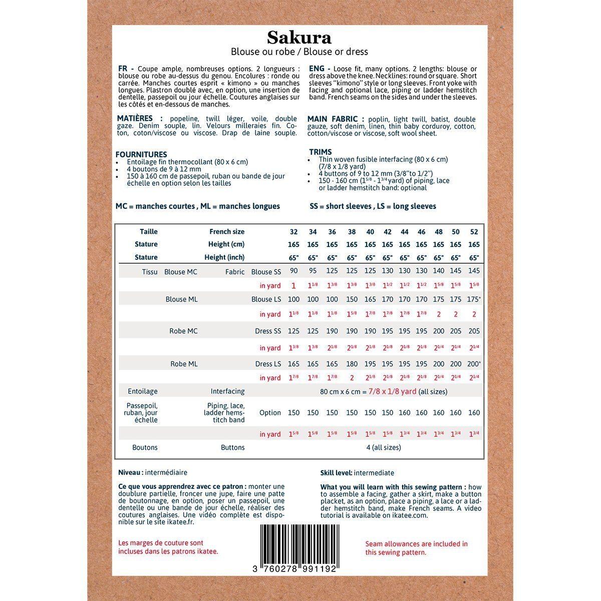 SAKURA Blouse/Robe patron de couture pochette Patron de couture Ikatee | Gaspard et Léonie Tissus Mercerie Toulouse