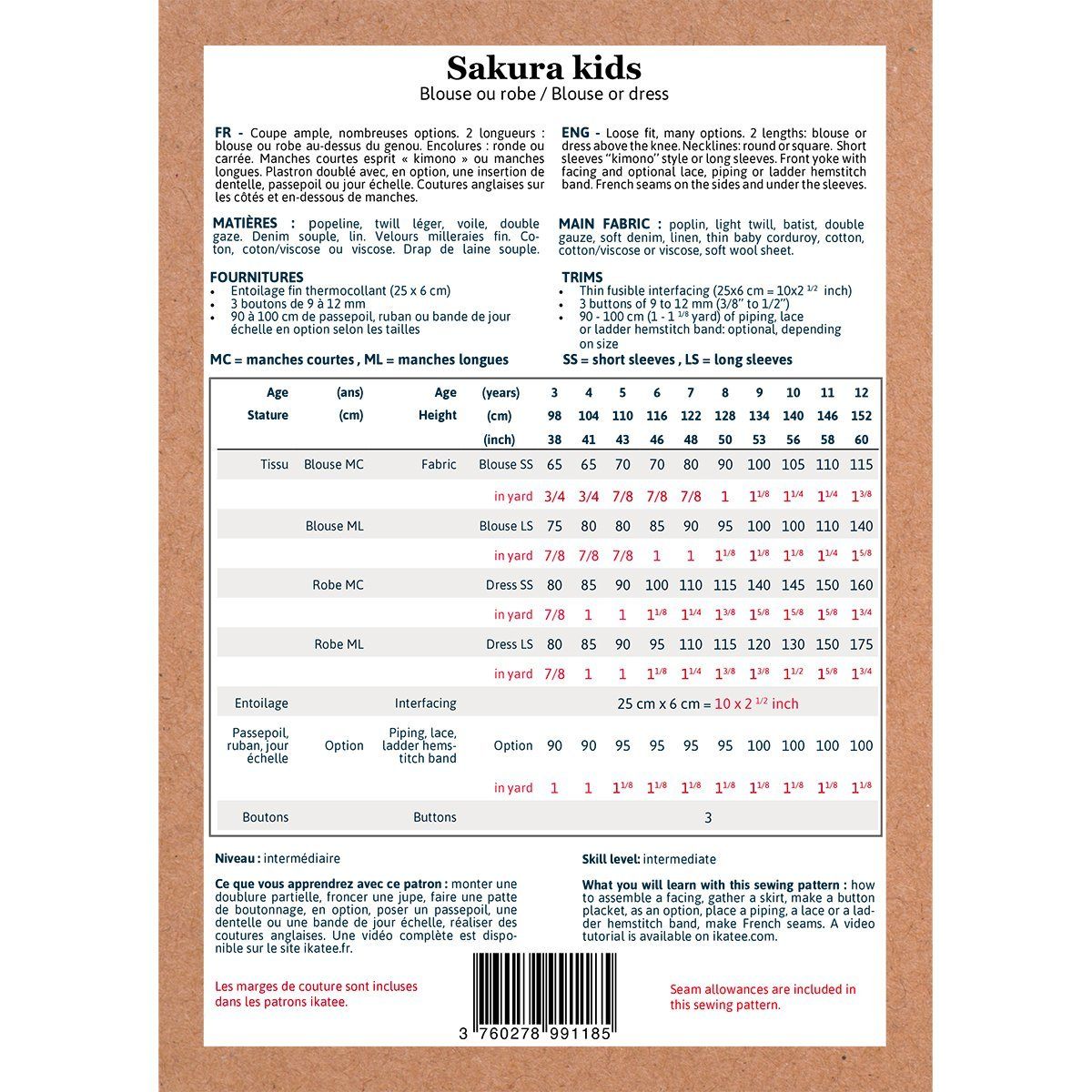 SAKURA KIDS Enfant Blouse/Robe patron de couture pochette Patron de couture Ikatee | Gaspard et Léonie Tissus Mercerie Toulouse