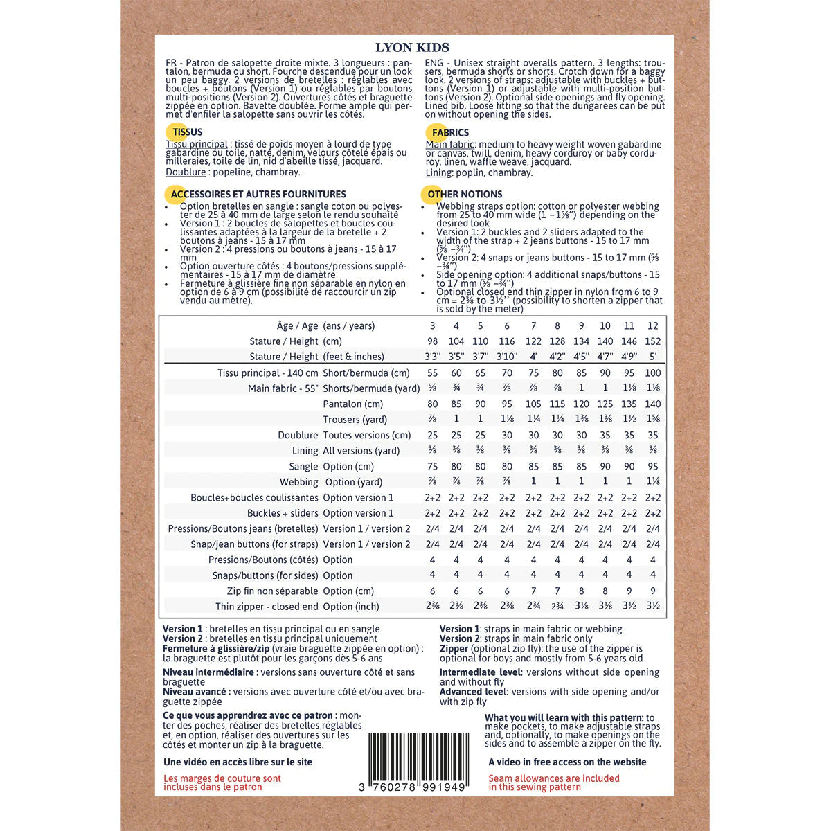 Salopette LYON Kids - patron de couture pochette - IKATEE Patron de couture Ikatee | Gaspard et Léonie Tissus en ligne et Mercerie à Toulouse