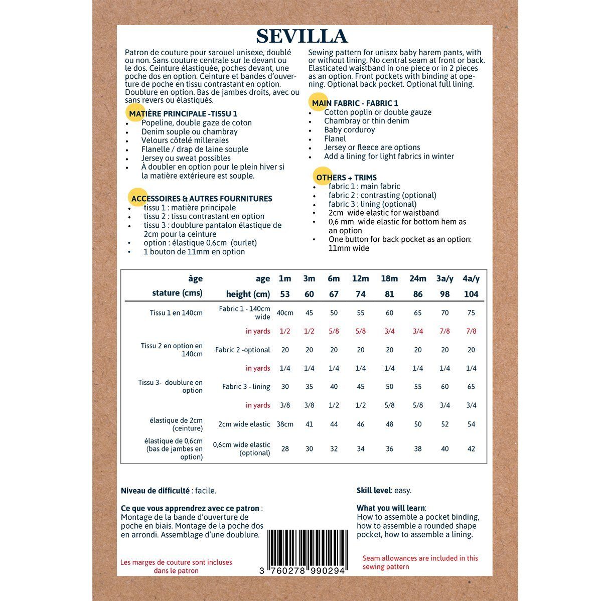 SEVILLA Enfant Sarouel patron de couture pochette Patron de couture Ikatee | Gaspard et Léonie Tissus Mercerie Toulouse
