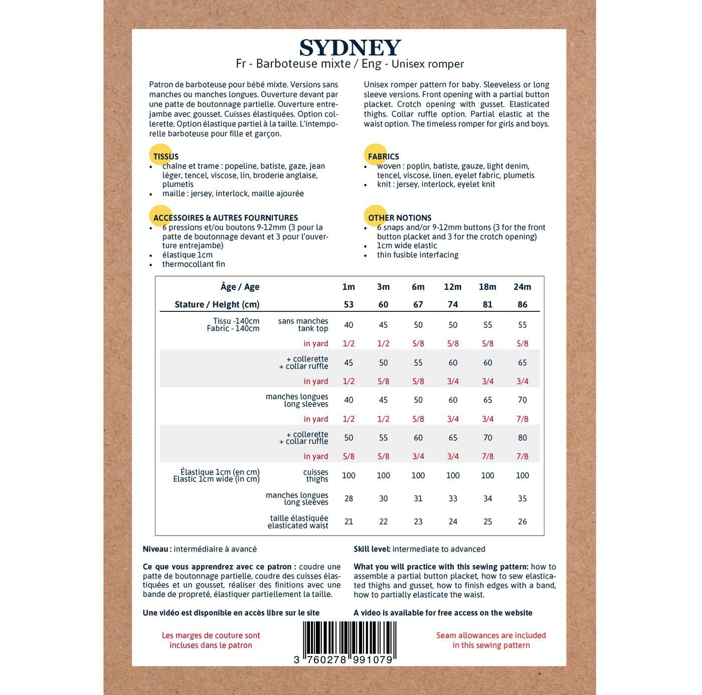 SYDNEY Barboteuse patron de couture pochette Patron de couture Ikatee | Gaspard et Léonie Tissus Mercerie Toulouse