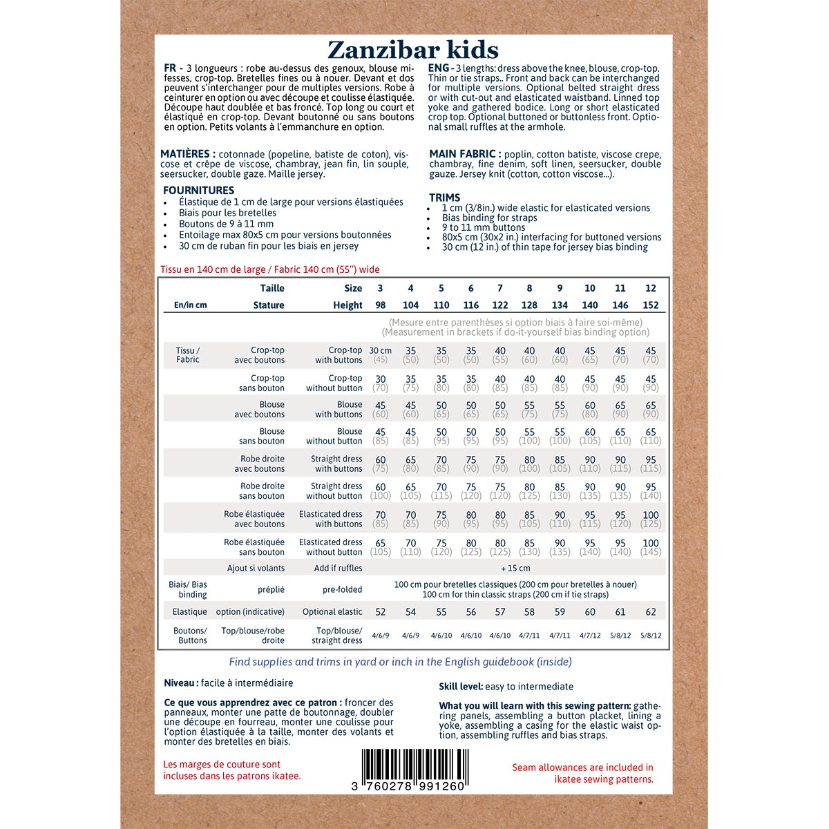 Top ou Robe ZANZIBAR KIDS patron de couture pochette - IKATEE Patron de couture Ikatee | Gaspard et Léonie Tissus en ligne et Mercerie à Toulouse