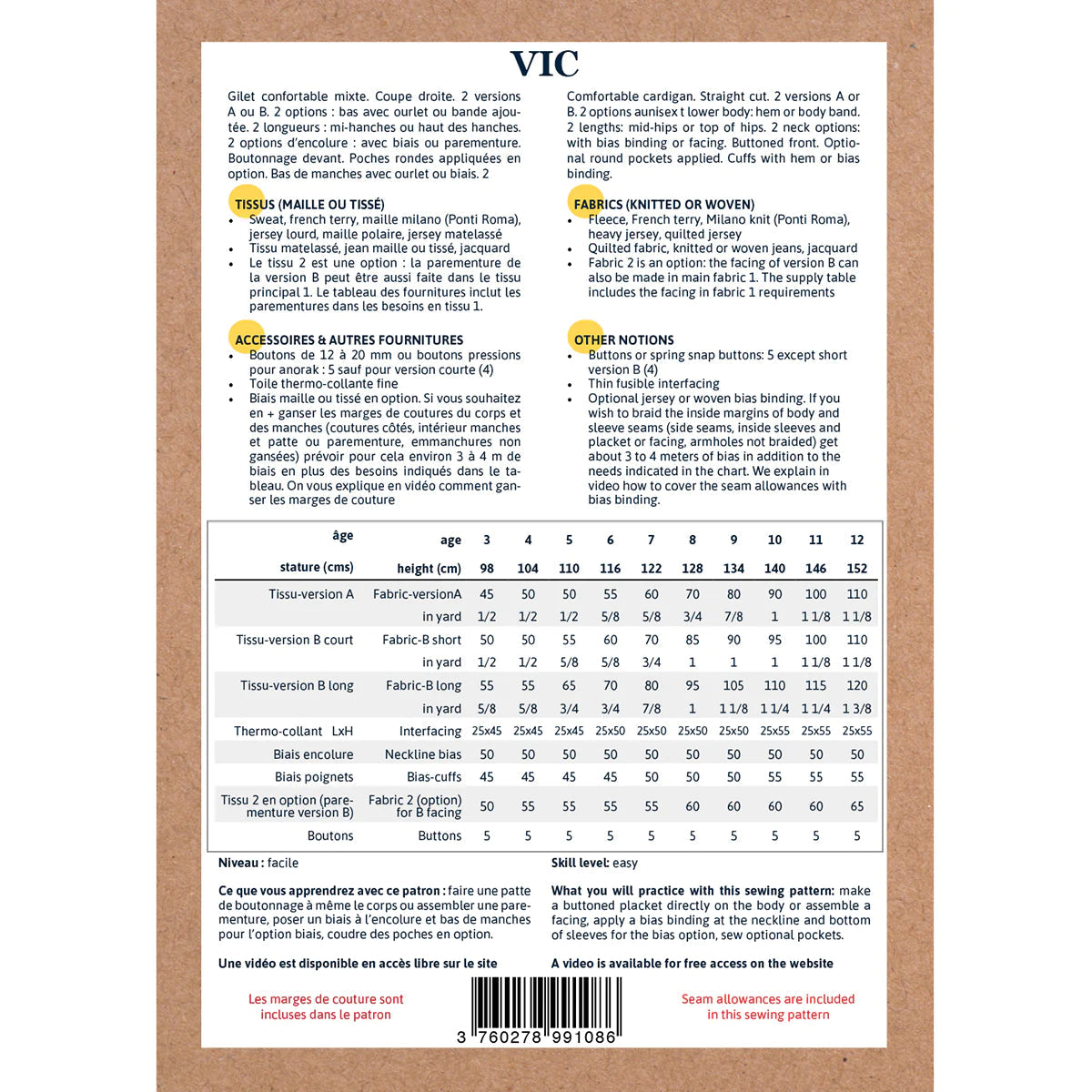 VIC Gilet patron de couture pochette - IKATEE Patron de couture Ikatee | Gaspard et Léonie Tissus en ligne et Mercerie à Toulouse