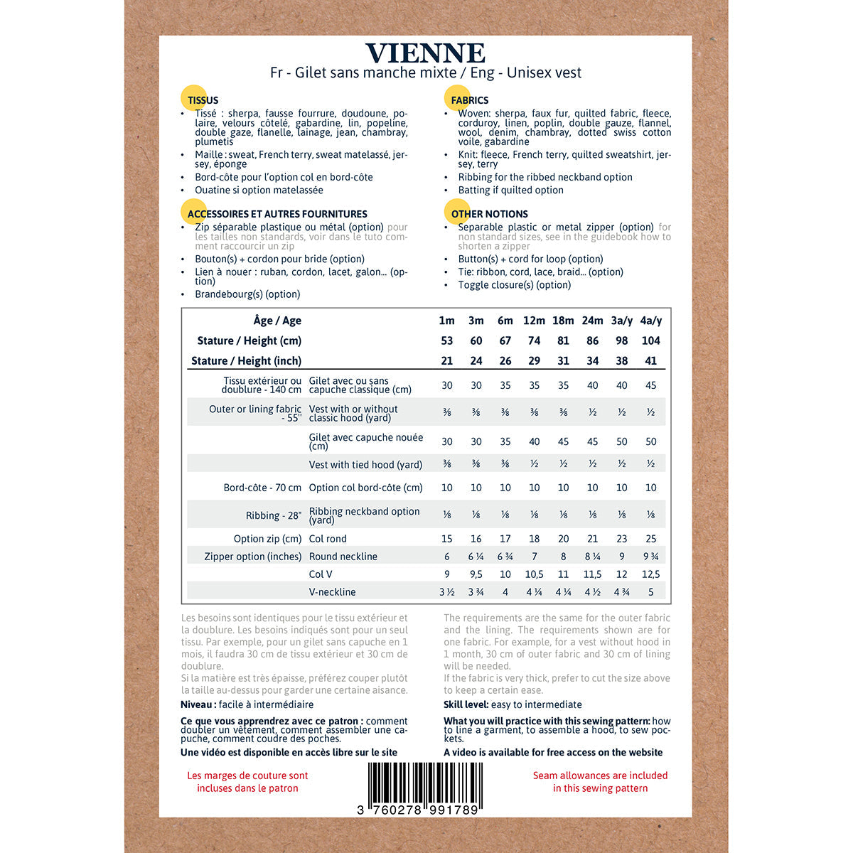 VIENNE Gilet sans manche mixte patron de couture pochette Patron de couture Ikatee | Gaspard et Léonie Tissus en ligne et Mercerie à Toulouse