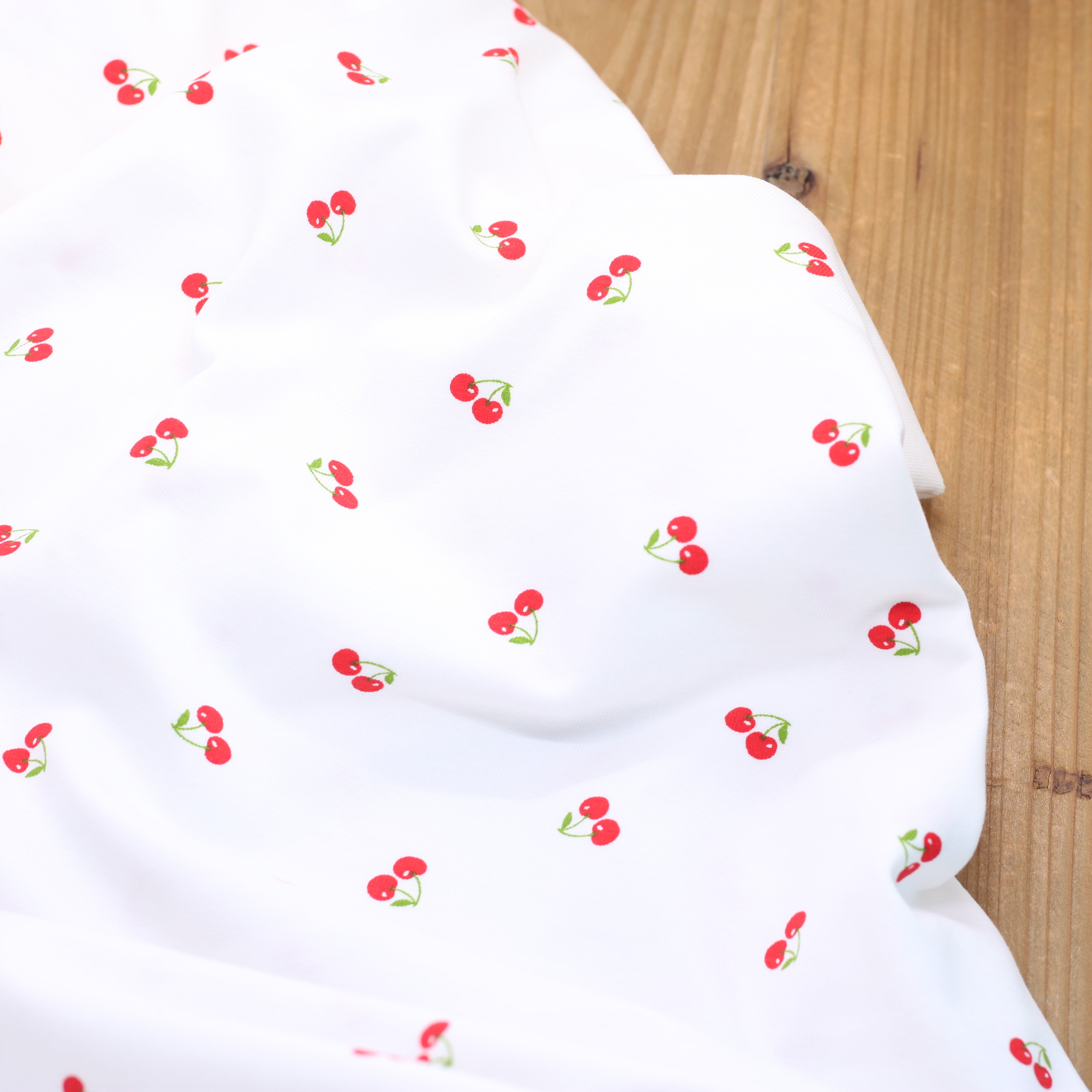 Tissu Jersey de coton - CERISES - Rouge/Blanc (vendu x10cm)