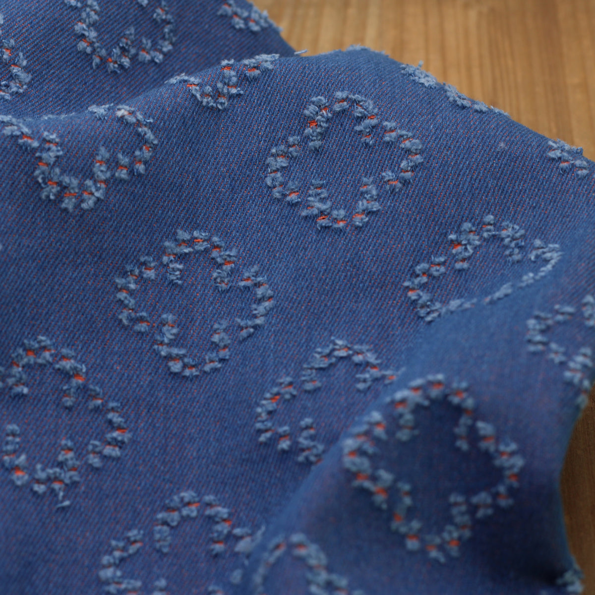 Tissu coton denim - ETOILES - Bleu Brut/Orange (Vendu x10cm)