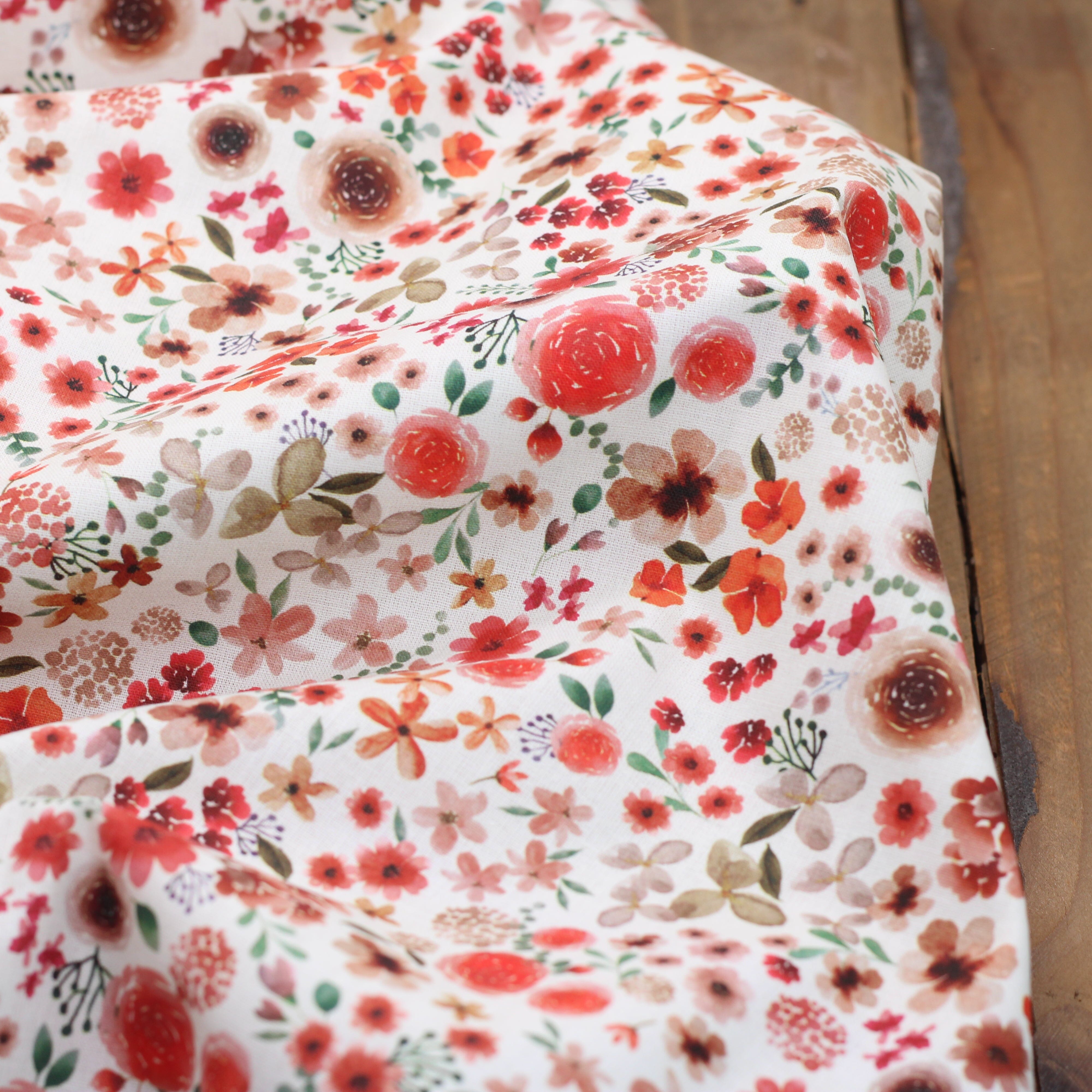 Tissu coton - HORTENSE - Ecru/Rouge (vendu x10cm) Tissus DOMOTEX | Gaspard et Léonie Tissus en ligne et Mercerie à Toulouse