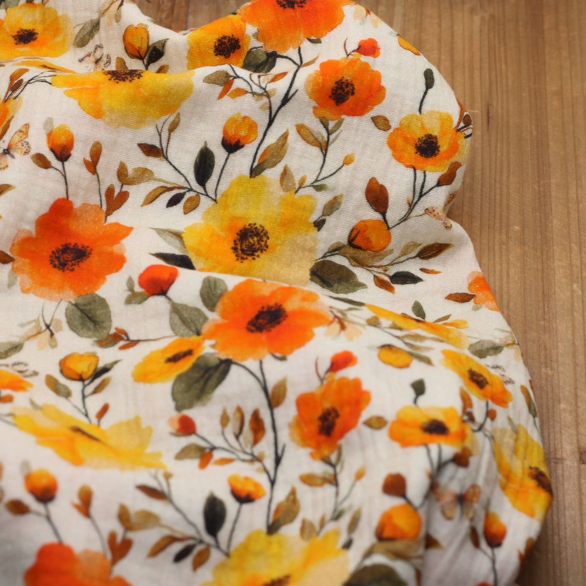 Tissu double Gaze de coton fleuri - EZIA - Jaune/Orange (Vendu x10cm) Tissus DOMOTEX | Gaspard et Léonie Tissus en ligne et Mercerie à Toulouse