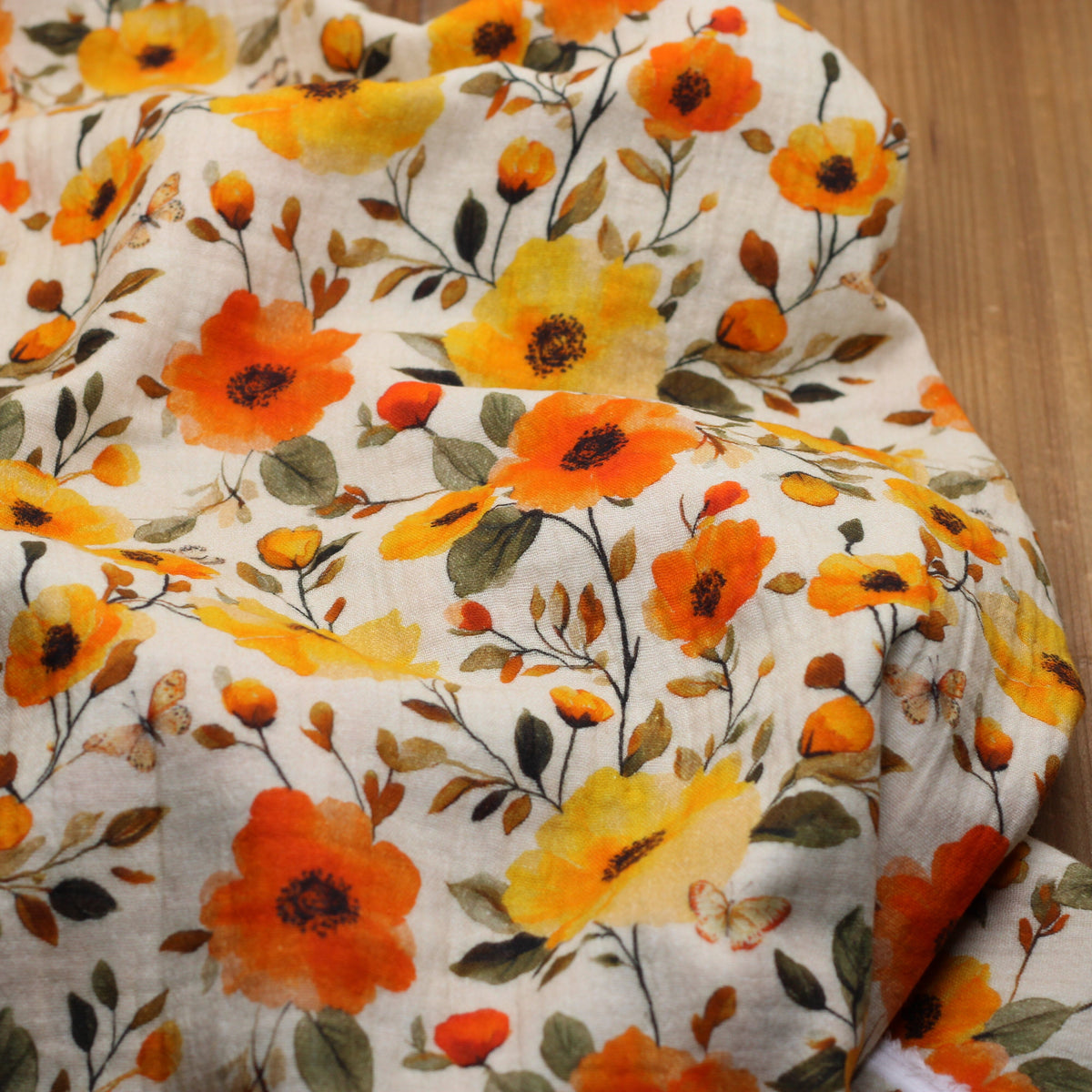 Tissu double Gaze de coton fleuri - EZIA - Jaune/Orange (Vendu x10cm) Tissus DOMOTEX | Gaspard et Léonie Tissus en ligne et Mercerie à Toulouse