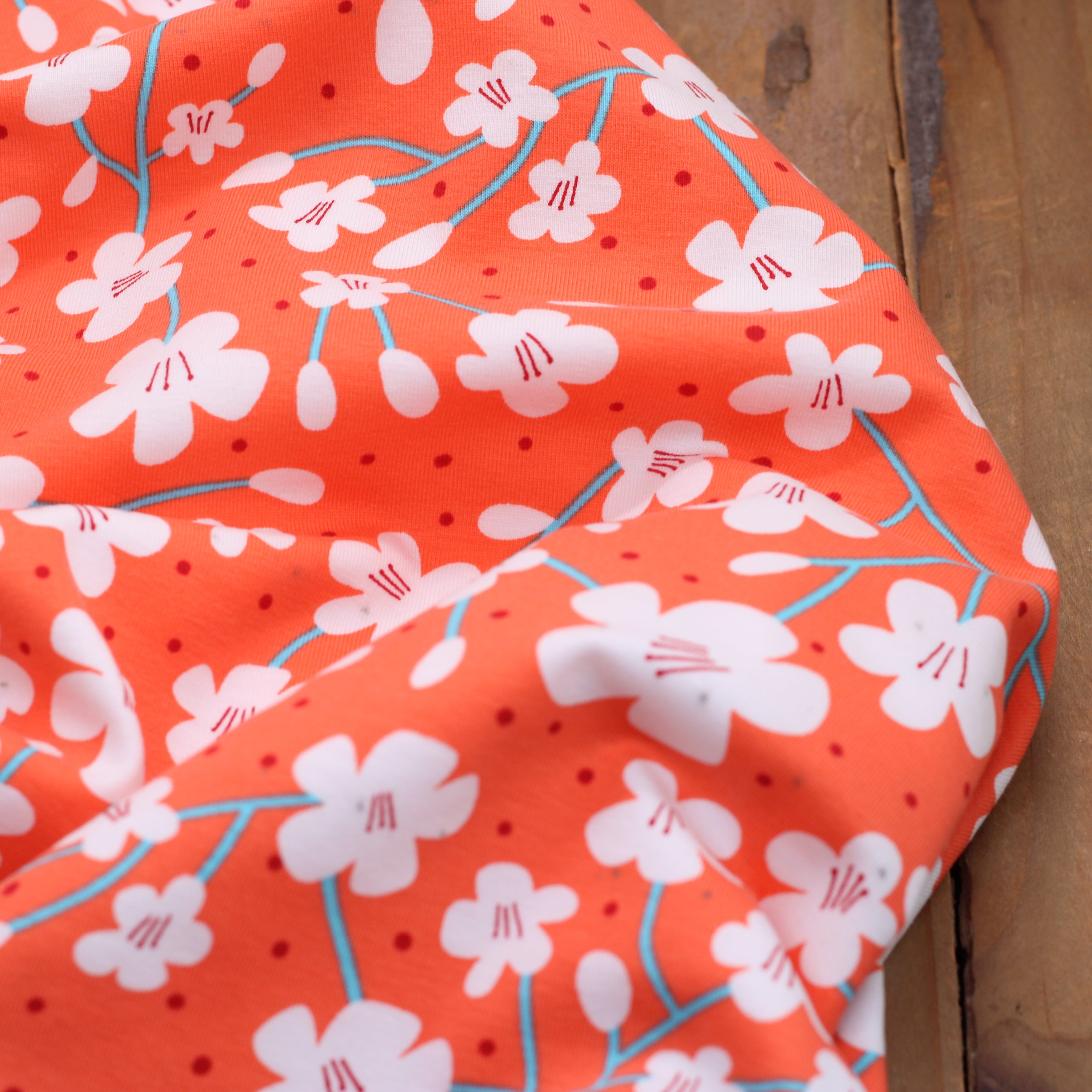 Tissu jersey de coton - JAPAN FLOWERS- Corail Katia Fabrics (Vendu x10cm) Tissus katia Fabrics | Gaspard et Léonie Tissus en ligne et Mercerie à Toulouse
