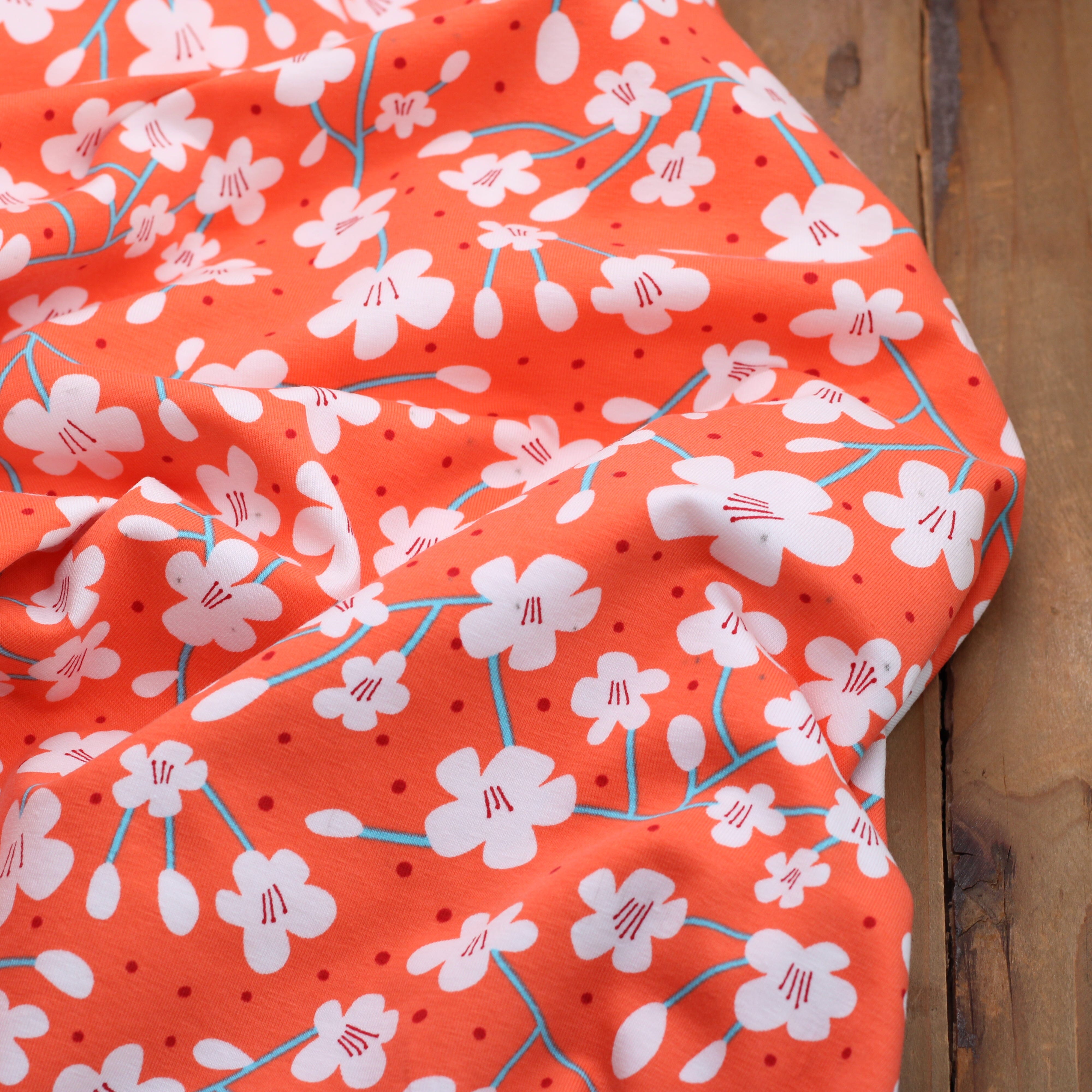 Tissu jersey de coton - JAPAN FLOWERS- Corail Katia Fabrics (Vendu x10cm) Tissus katia Fabrics | Gaspard et Léonie Tissus en ligne et Mercerie à Toulouse