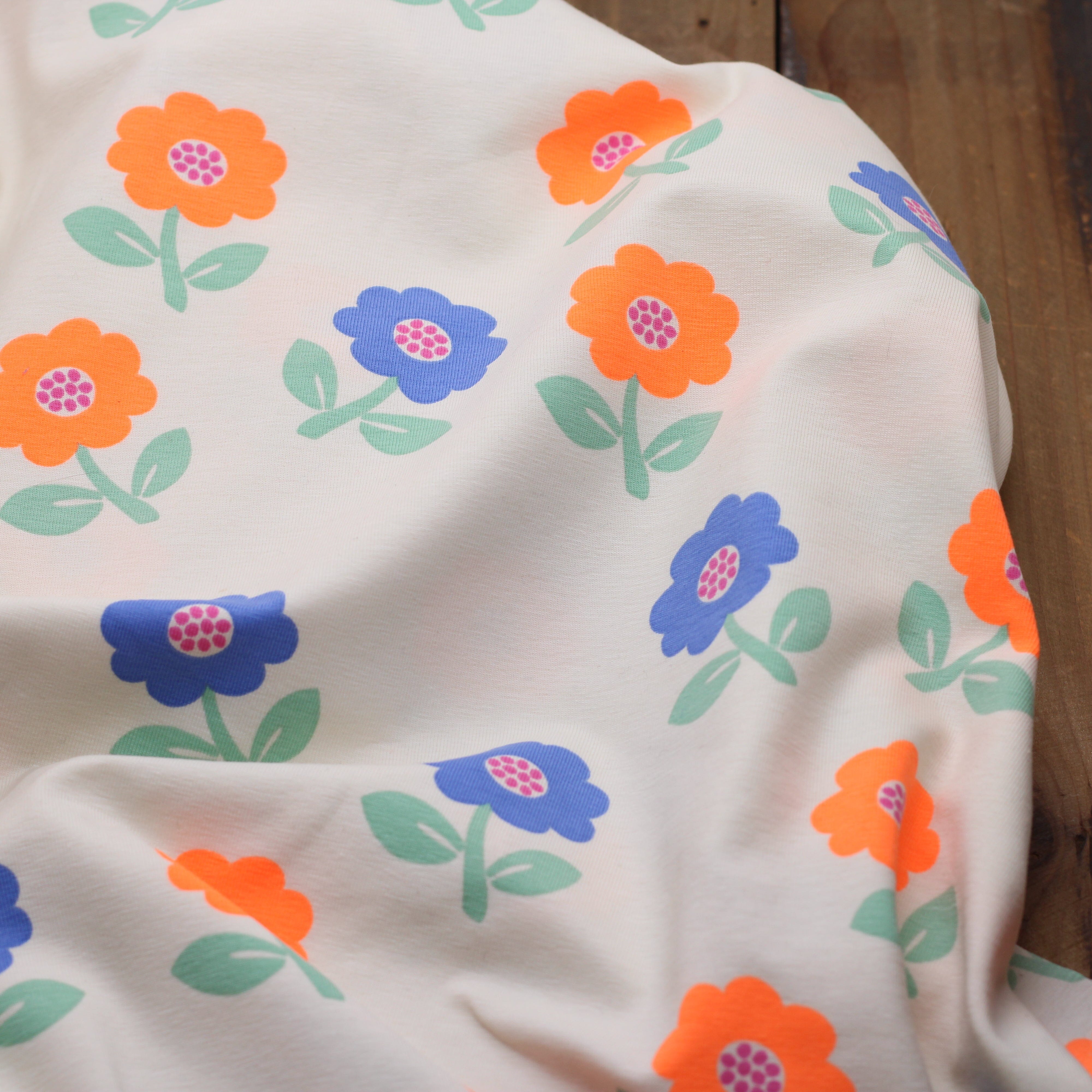 Tissu Jersey de coton - NEON FLOWERS - Blanc cassé - POPPY DESIGNED (Vendu x10cm) Tissus POPPY Designed For You | Gaspard et Léonie Tissus en ligne et Mercerie à Toulouse