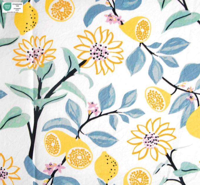Tissu Popeline de Coton LEMONS AND FLOWERS - Blanc| KATIA Fabrics (Vendu x10cm) Tissus katia Fabrics | Gaspard et Léonie Tissus en ligne et Mercerie à Toulouse