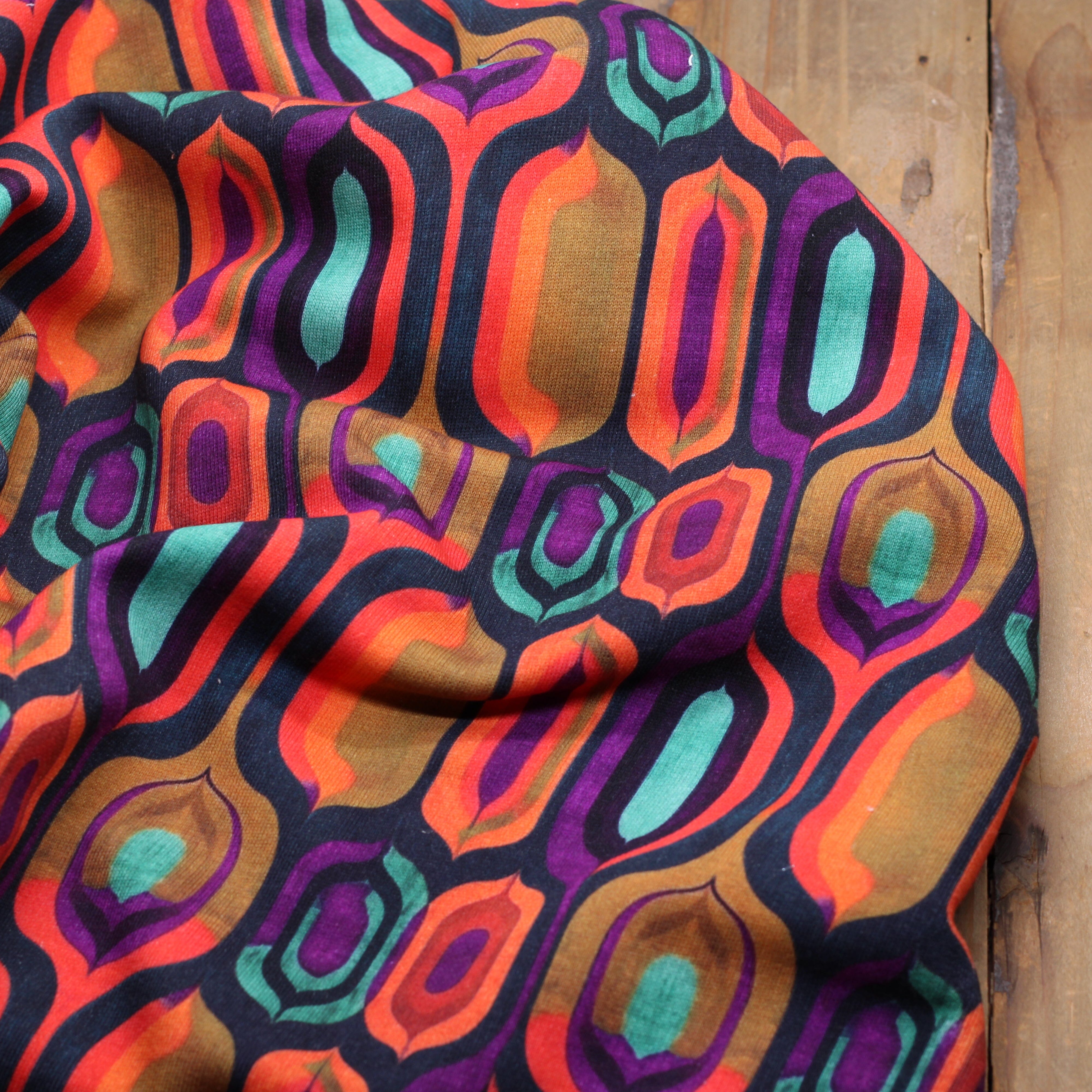 Tissu Sweat Jogging- VINTAGE PSYCHE - Orange/Violet - STENZO (Vendu x10cm) Tissus Stenzo | Gaspard et Léonie Tissus en ligne et Mercerie à Toulouse