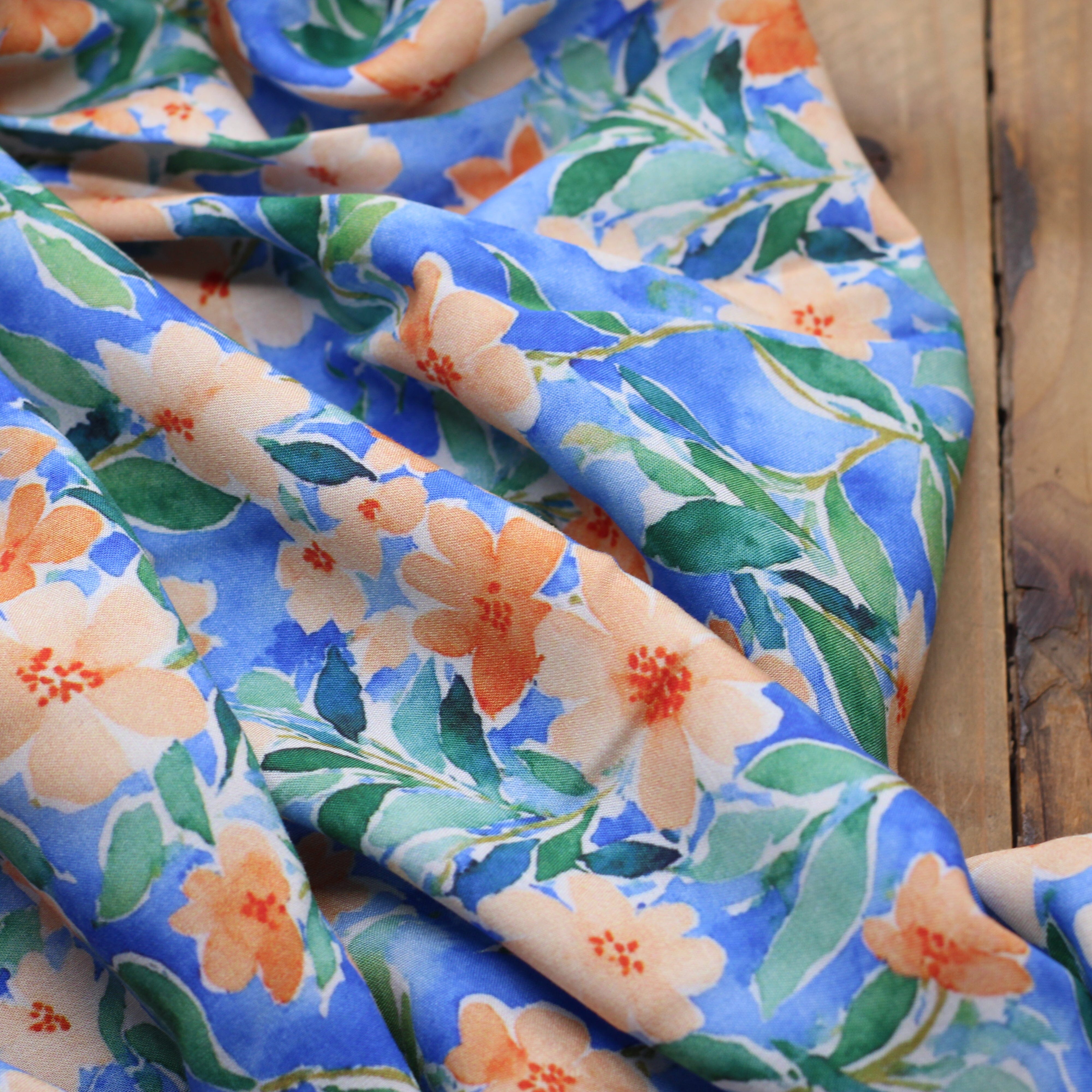 Tissu Viscose - FLOWERS - Bleu (vendu x10cm) Tissus Sélection Gaspard & Léonie | Gaspard et Léonie Tissus en ligne et Mercerie à Toulouse