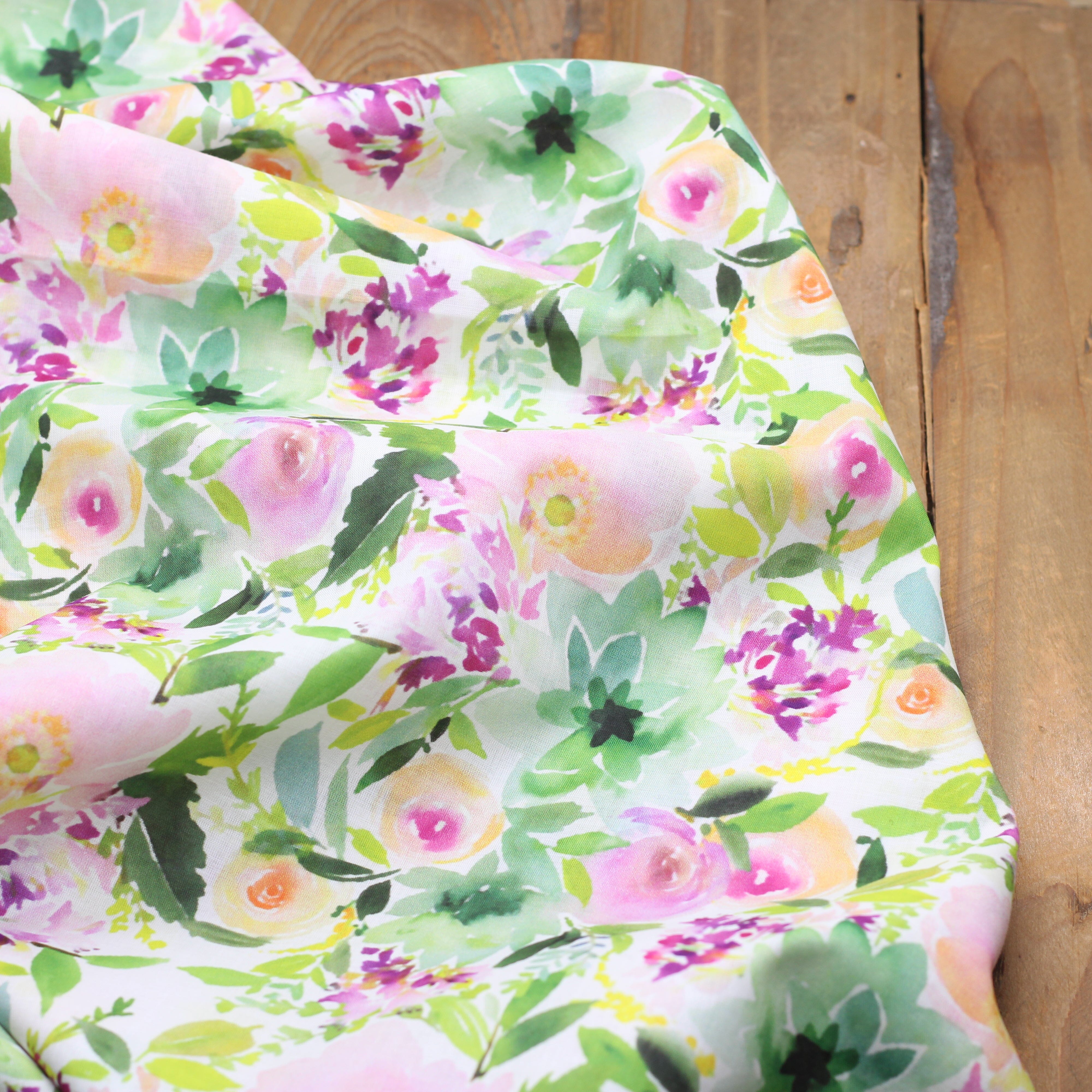 Tissu Voile de coton fleuri - ROSES FLOWER - Vert/Violet (Vendu x10cm) Tissus Sélection Gaspard & Léonie | Gaspard et Léonie Tissus en ligne et Mercerie à Toulouse