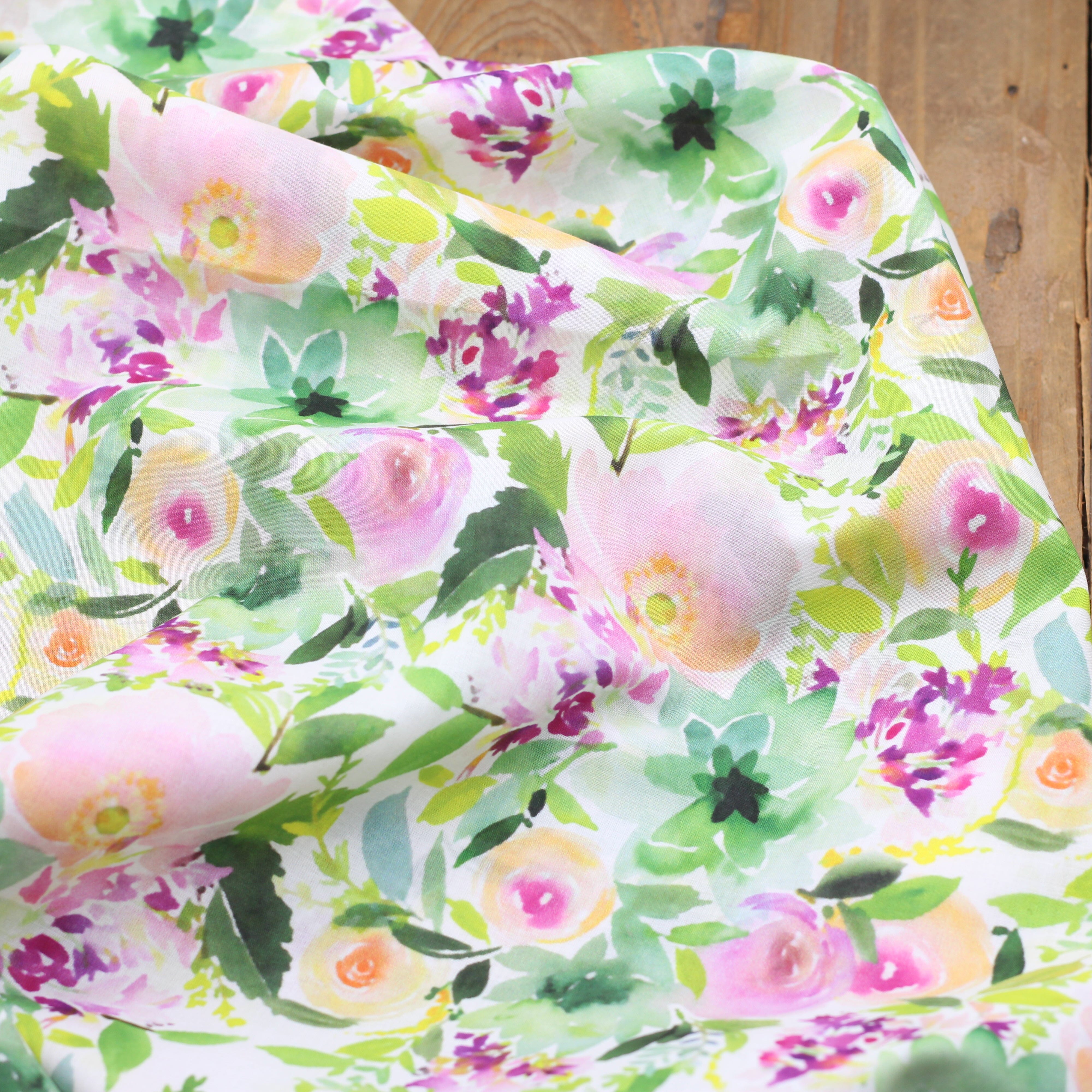Tissu Voile de coton fleuri - ROSES FLOWER - Vert/Violet (Vendu x10cm) Tissus Sélection Gaspard & Léonie | Gaspard et Léonie Tissus en ligne et Mercerie à Toulouse