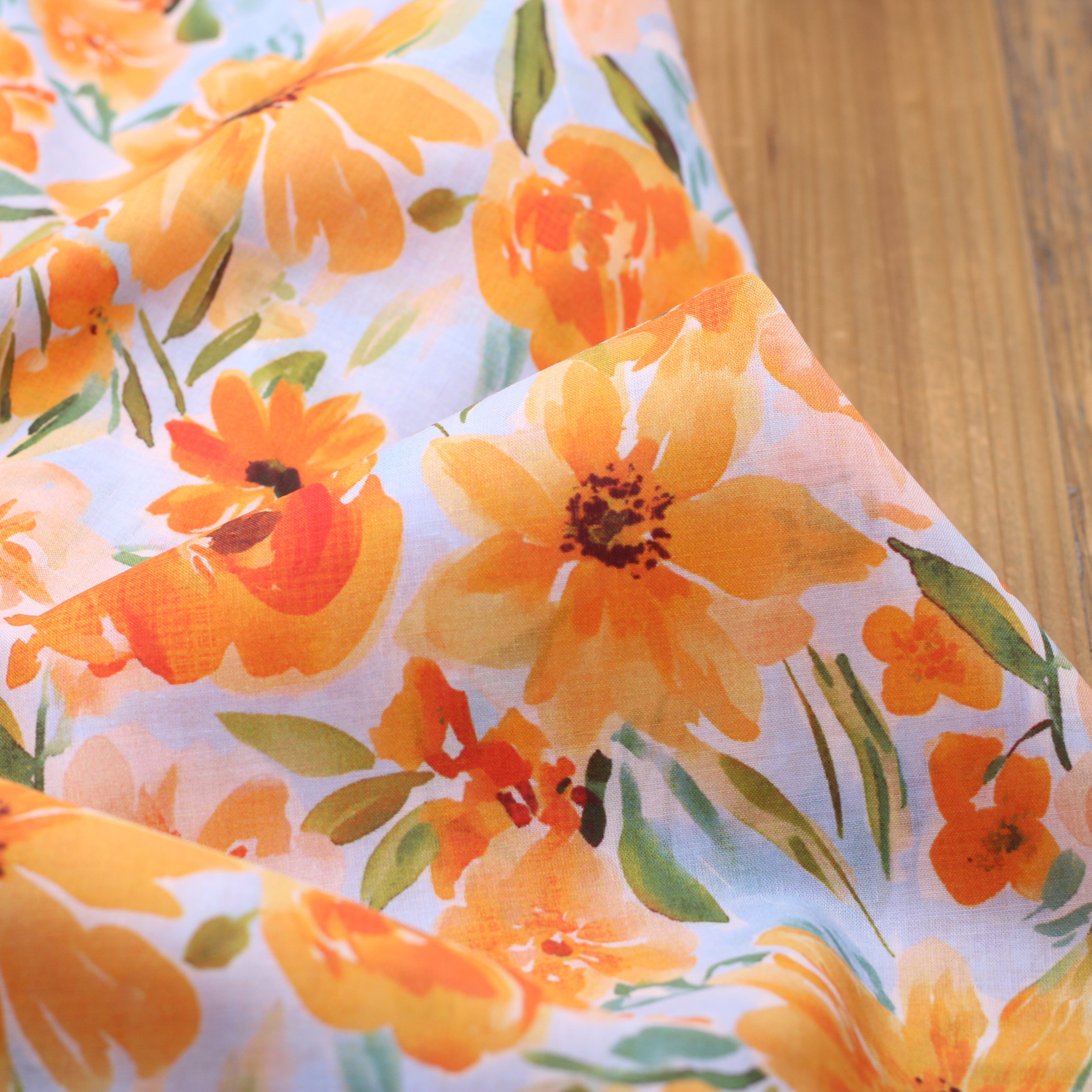 Tissu Voile de coton - ORANGE FLOWERS- Bleu clair (Vendu x10cm) Tissus Sélection Gaspard & Léonie | Gaspard et Léonie Tissus en ligne et Mercerie à Toulouse