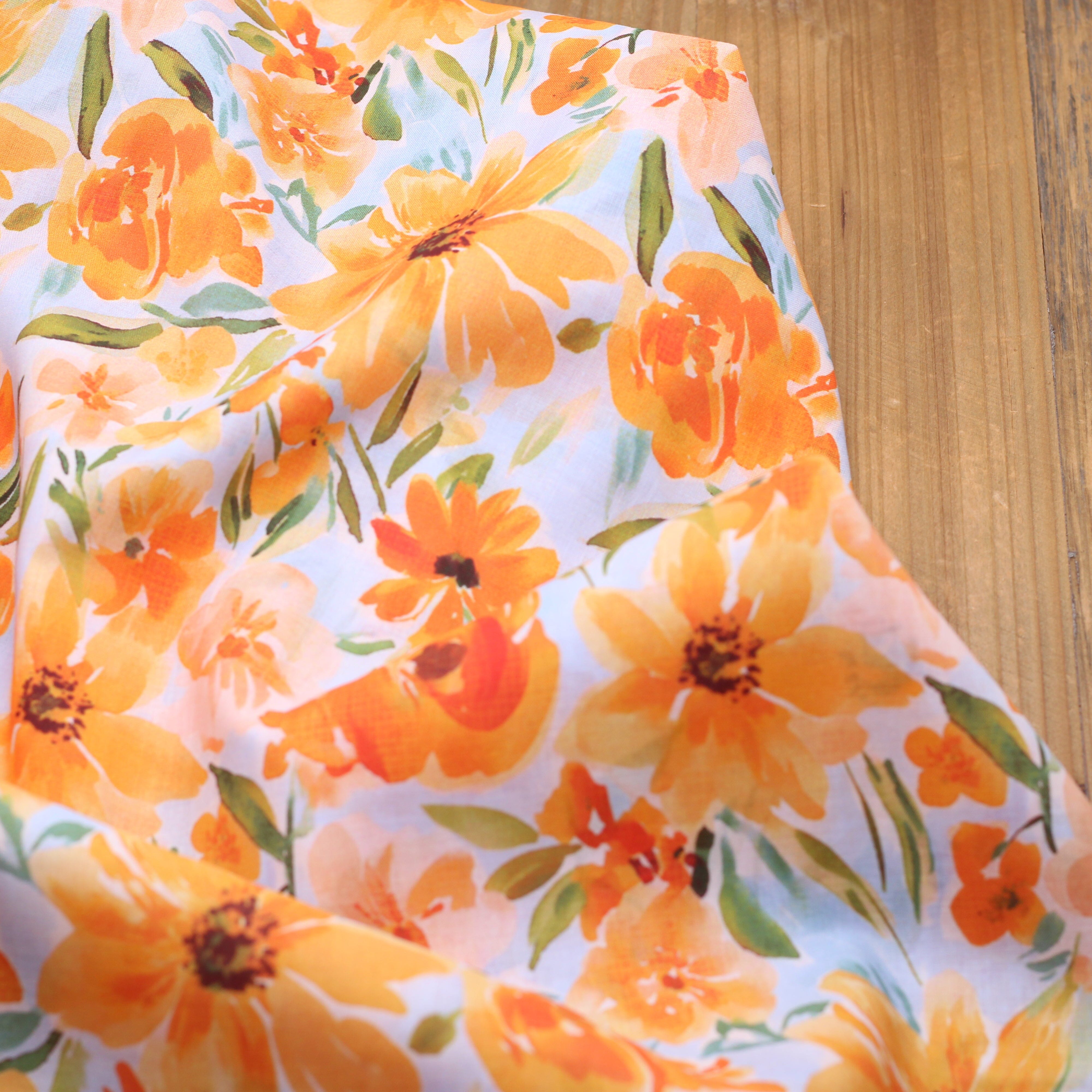 Tissu Voile de coton - ORANGE FLOWERS- Bleu clair (Vendu x10cm) Tissus Sélection Gaspard & Léonie | Gaspard et Léonie Tissus en ligne et Mercerie à Toulouse