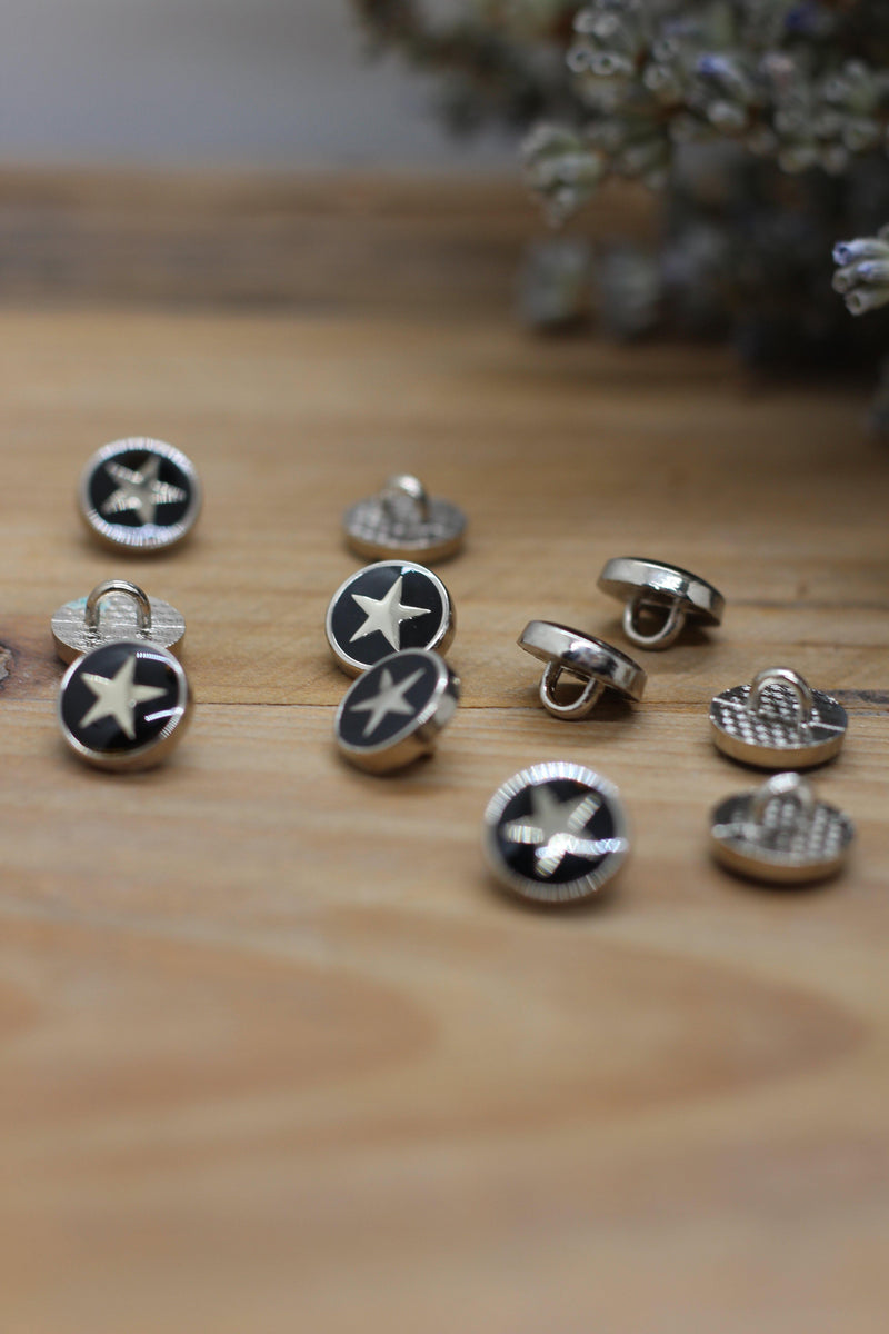 Bouton Métal STARA Argent/Noir Etoile argent 10mm - L'atelier de Gaspard et Léonie