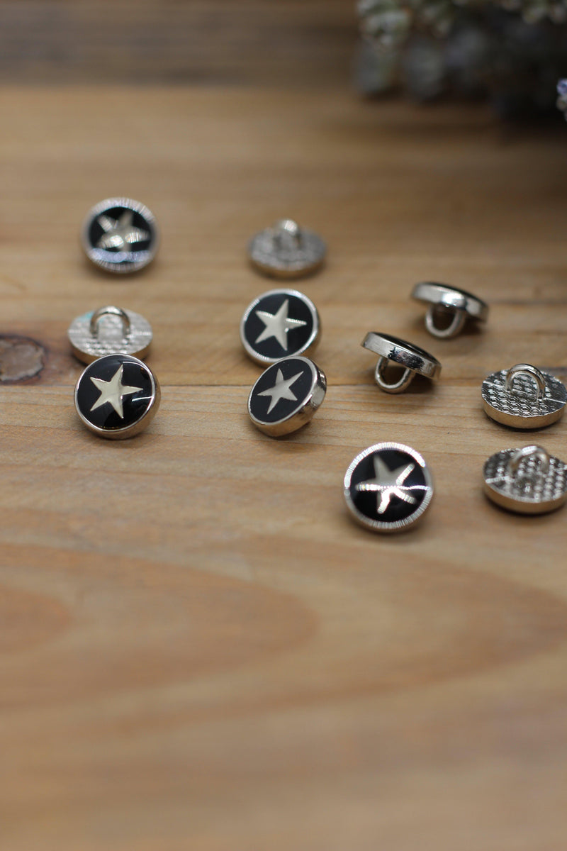 Bouton Métal STARA Argent/Noir Etoile argent 10mm - L'atelier de Gaspard et Léonie